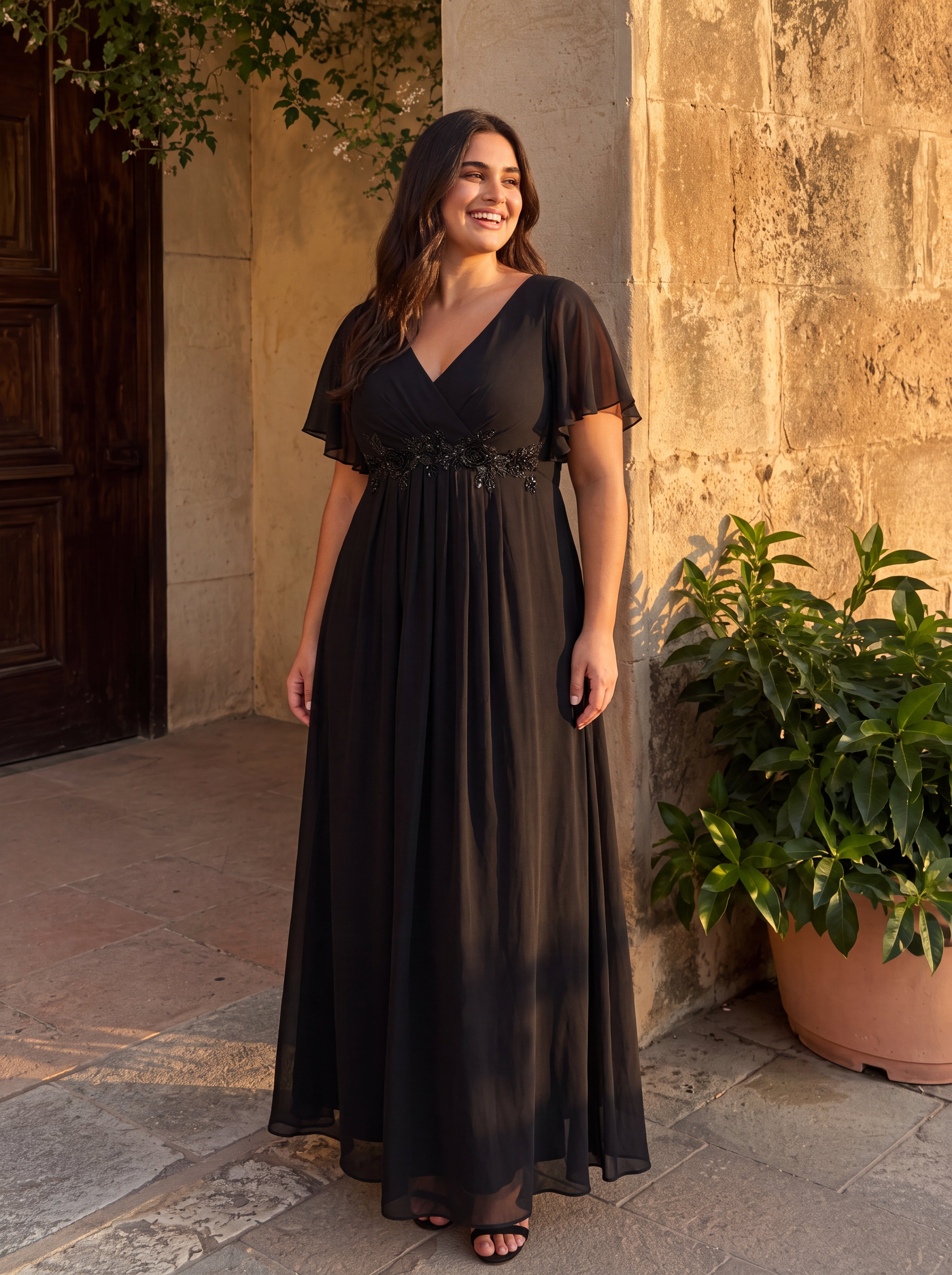 Robe de soirée élégante en mousseline de soie avec manches flottantes#Couleur_Noir