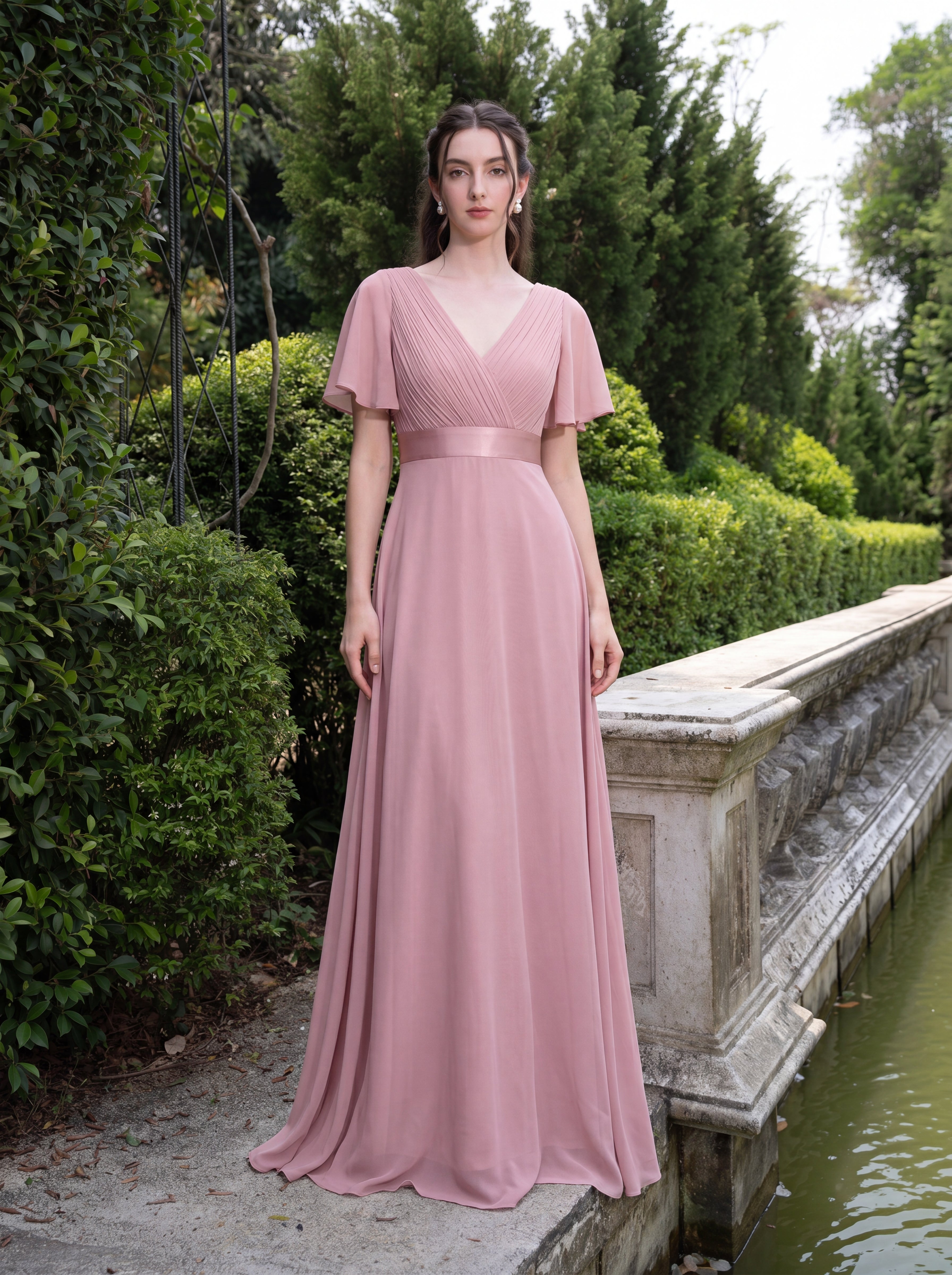 Robe de soirée élégante en mousseline de soie avec manches flottantes #Couleur_Rose fumee