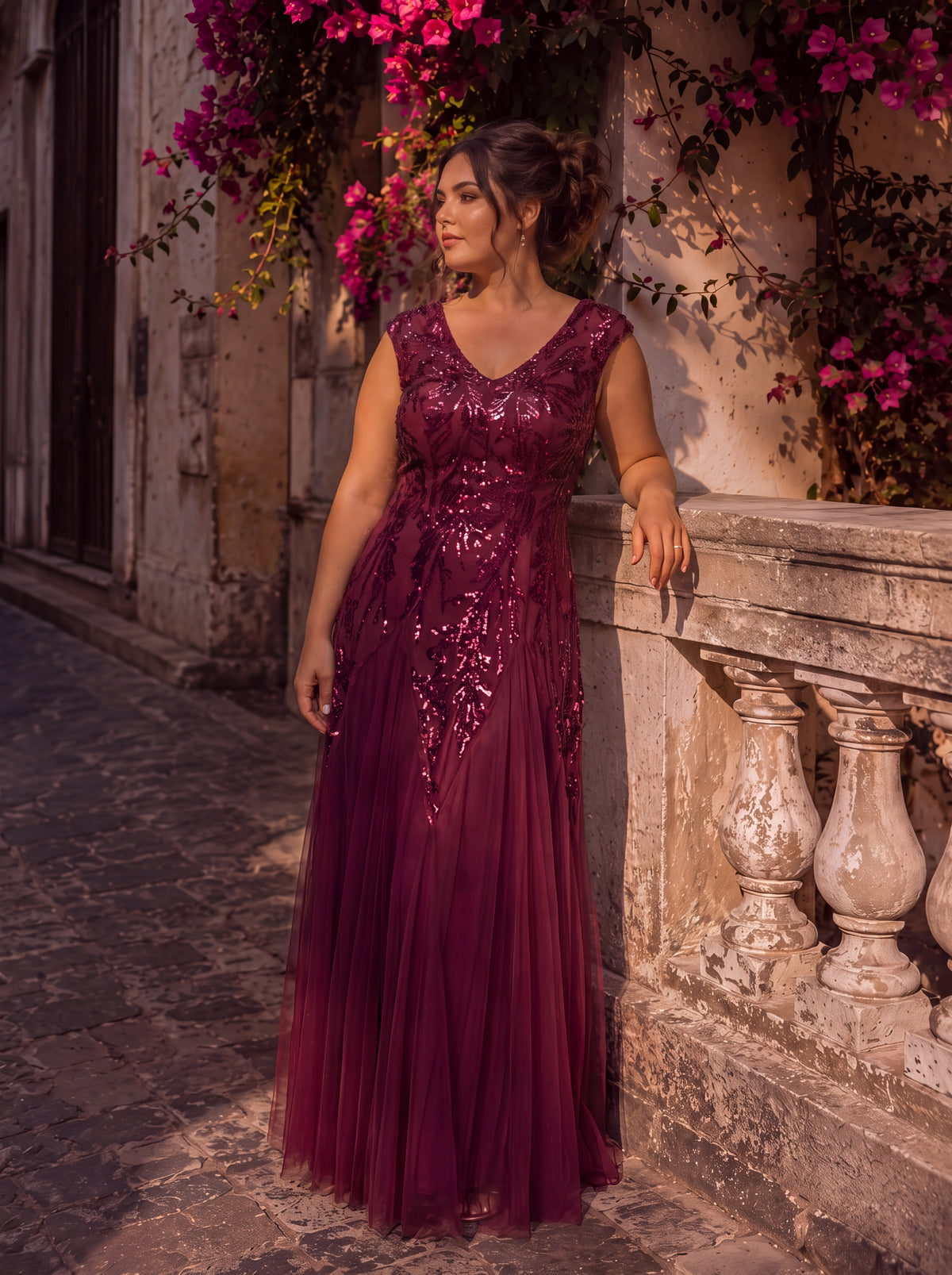 robe longue sans manches décolletée en V brodée de fleurs en A #Couleur_Bordeaux