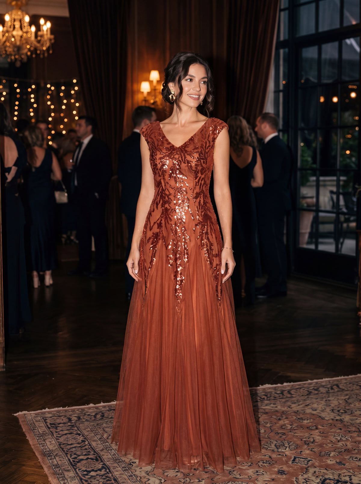 robe longue sans manches décolletée en V brodée de fleurs en A #Couleur_Burnt Orange