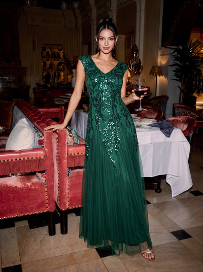 ever FREYA|Robe Longue de Soirée Chic en Tulle Brodé de Fleurs et Sequins