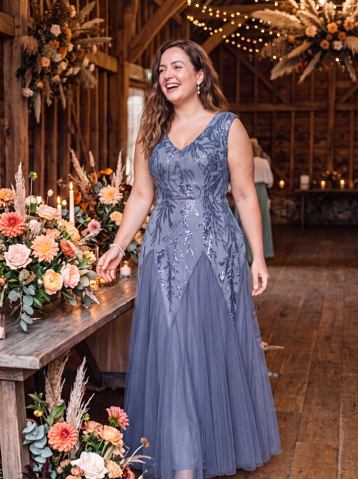robe longue sans manches décolletée en V brodée de fleurs en A #Couleur_Marine Fume