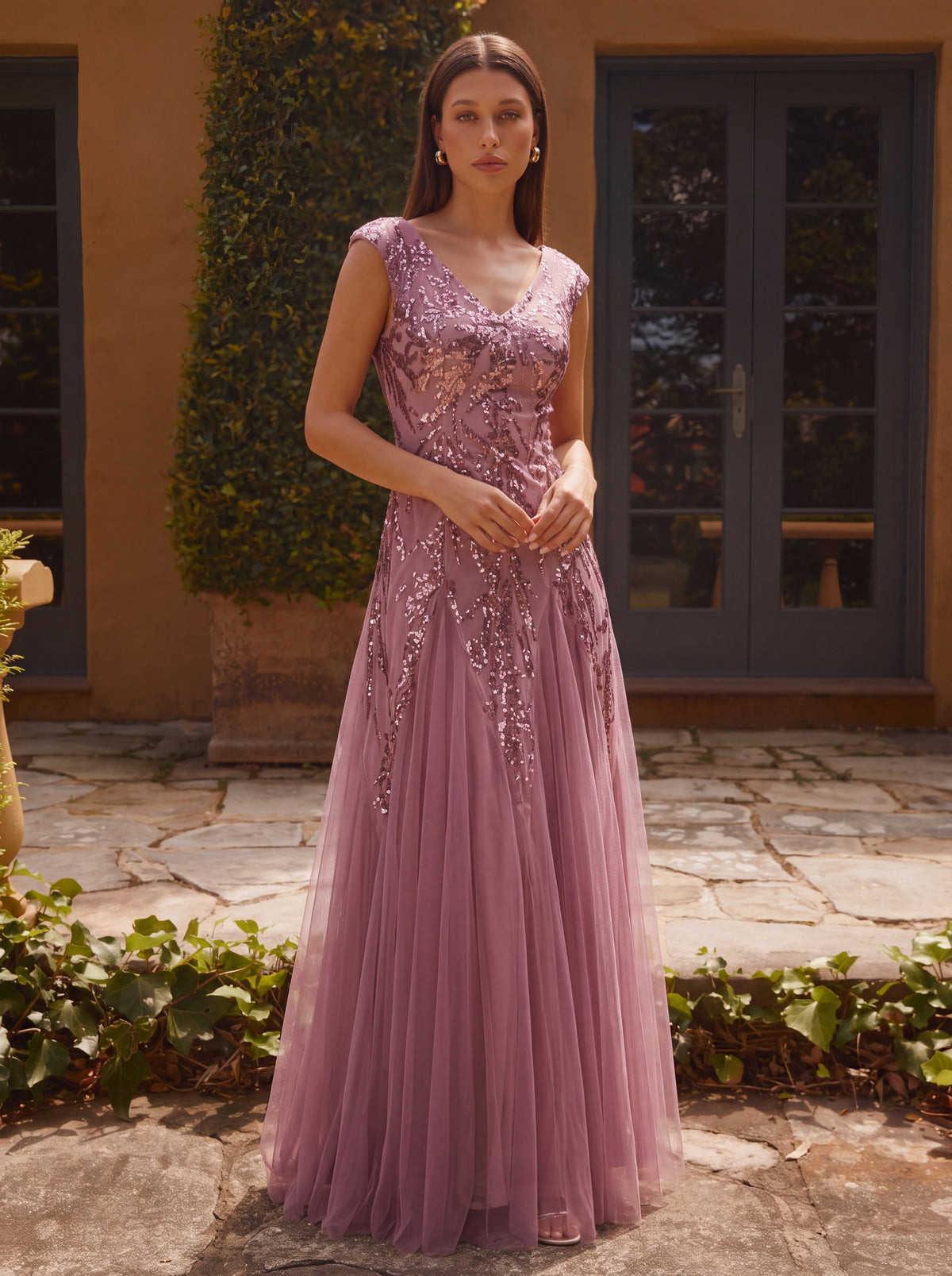 robe longue sans manches décolletée en V brodée de fleurs en A #Couleur_Orchidee