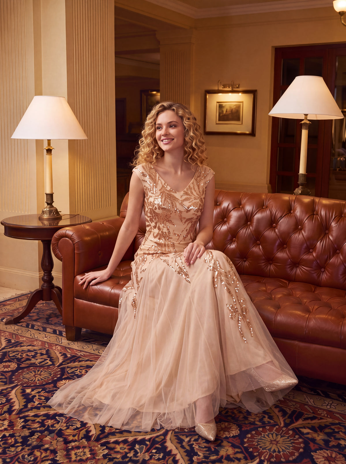 robe longue sans manches décolletée en V brodée de fleurs en A #Couleur_Dorée