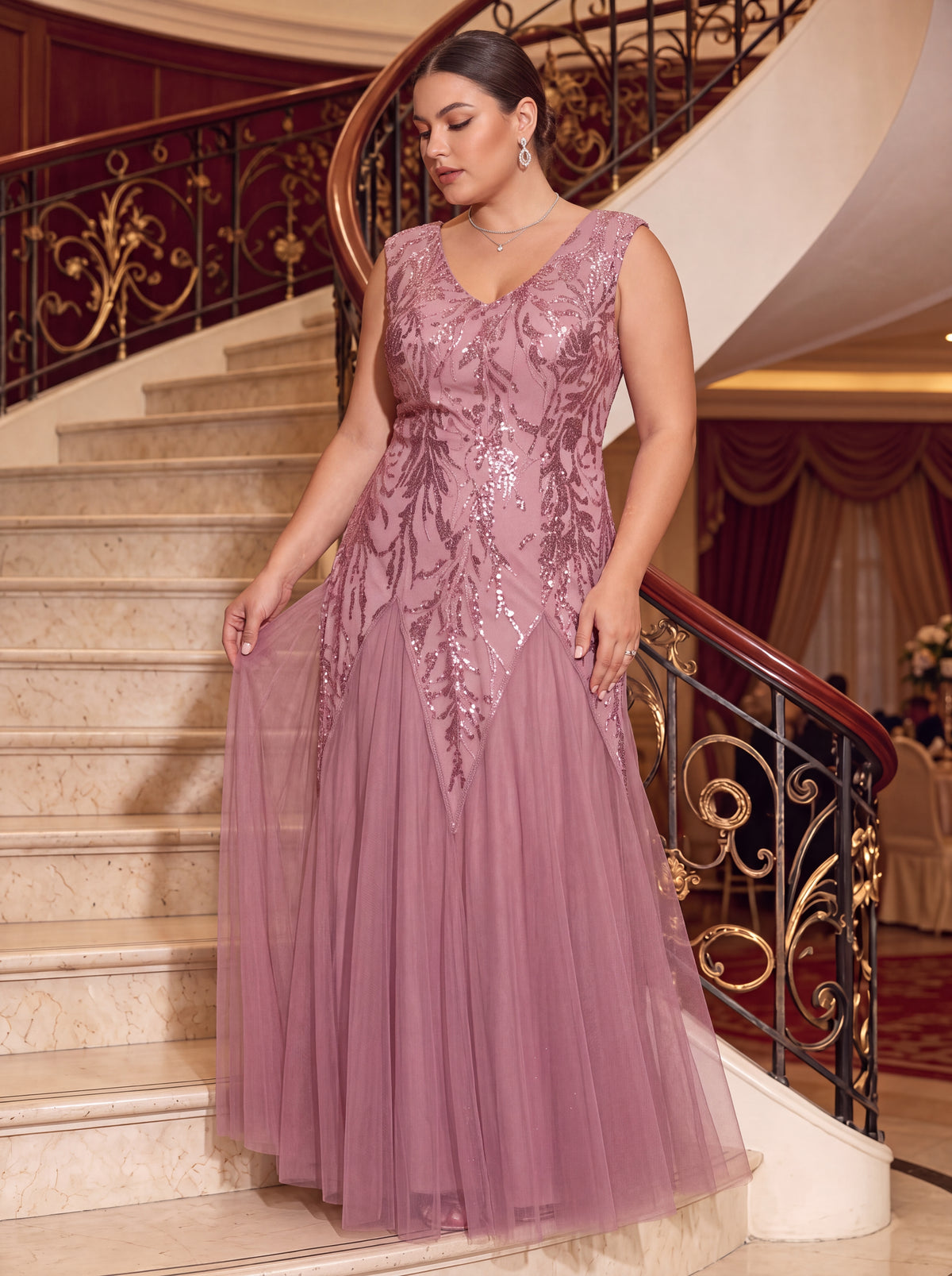 robe longue sans manches décolletée en V brodée de fleurs en A #Couleur_Orchidee