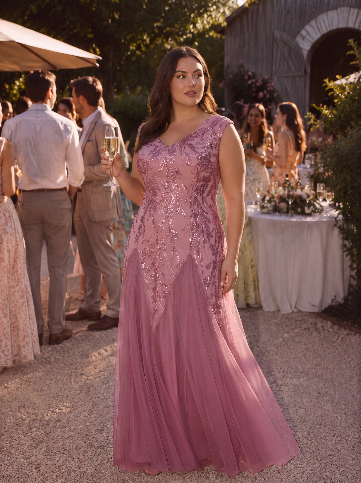 robe longue sans manches décolletée en V brodée de fleurs en A #Couleur_Orchidee
