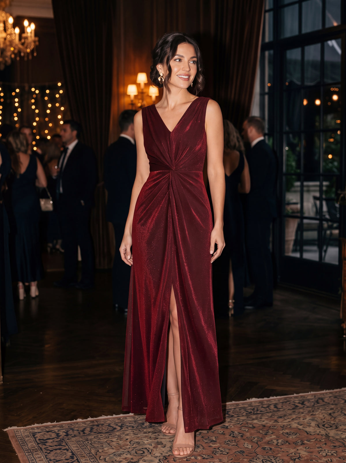 Robe maxi sans manches d¨¦collet¨¦e en V avec d¨¦tail de n?ud et fente #Couleur_Bordeaux