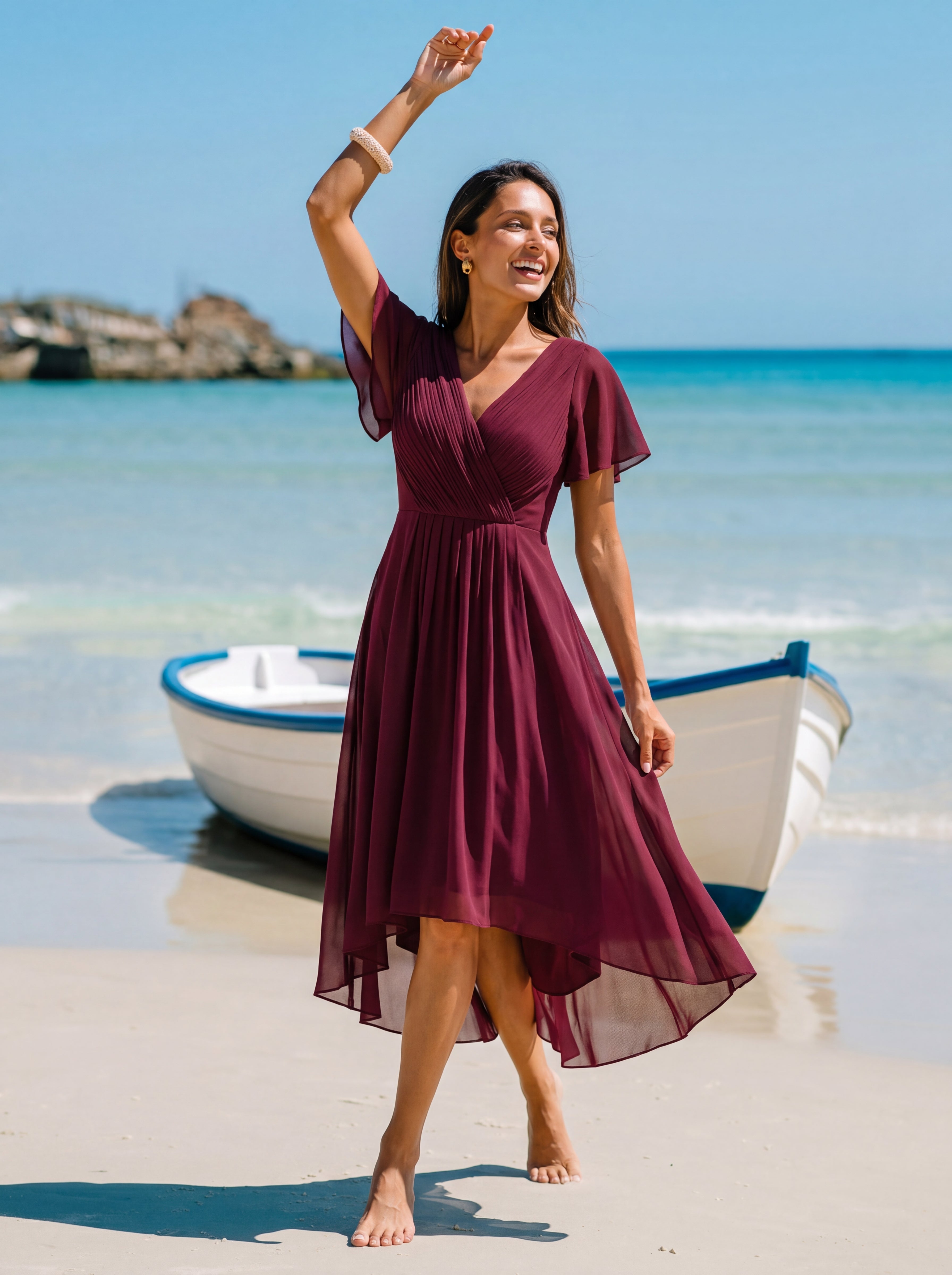 Robe d'invité de mariage chic à col en V #Couleur_Bordeaux