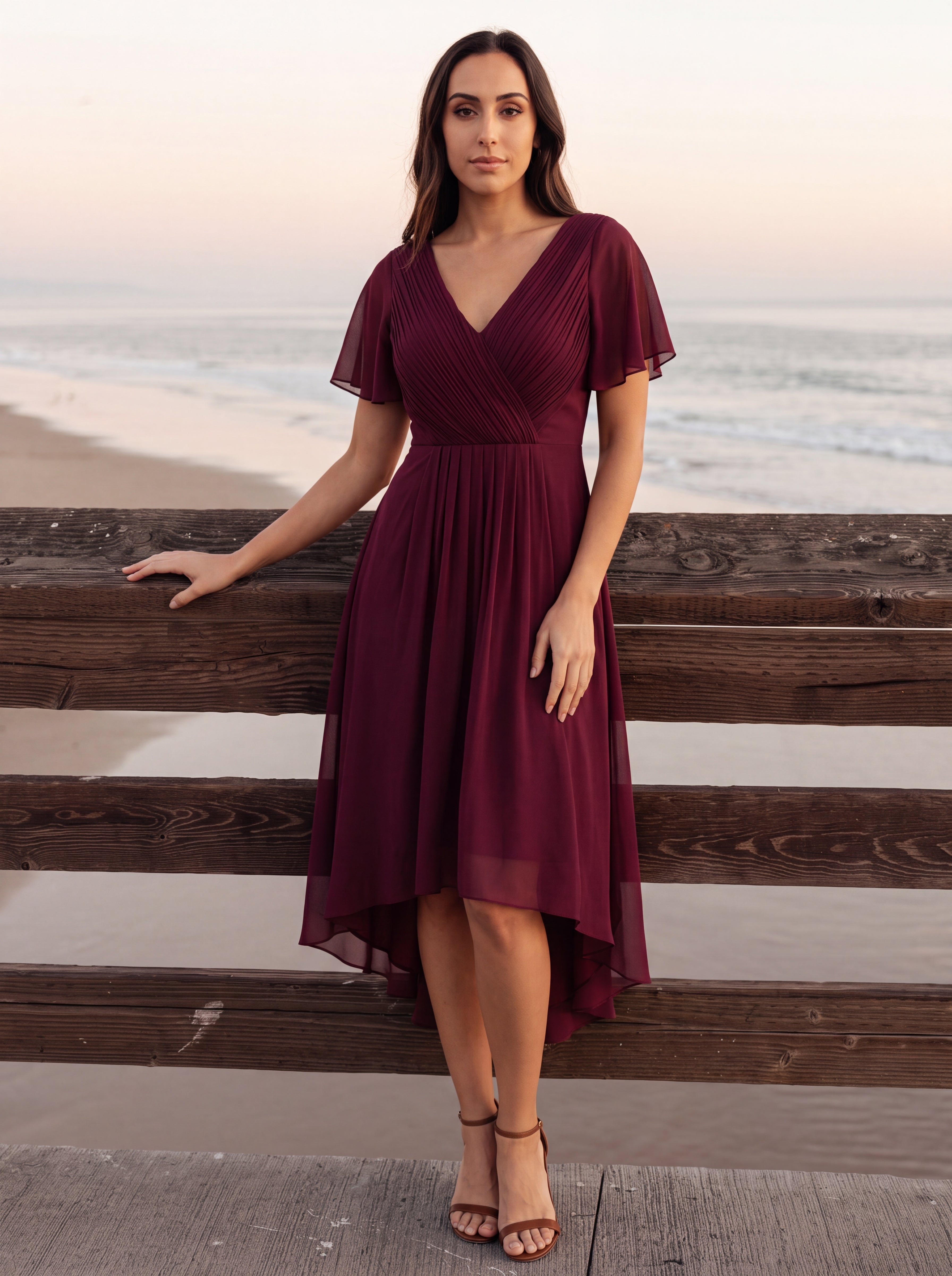 Robe d'invité de mariage chic à col en V #Couleur_Bordeaux