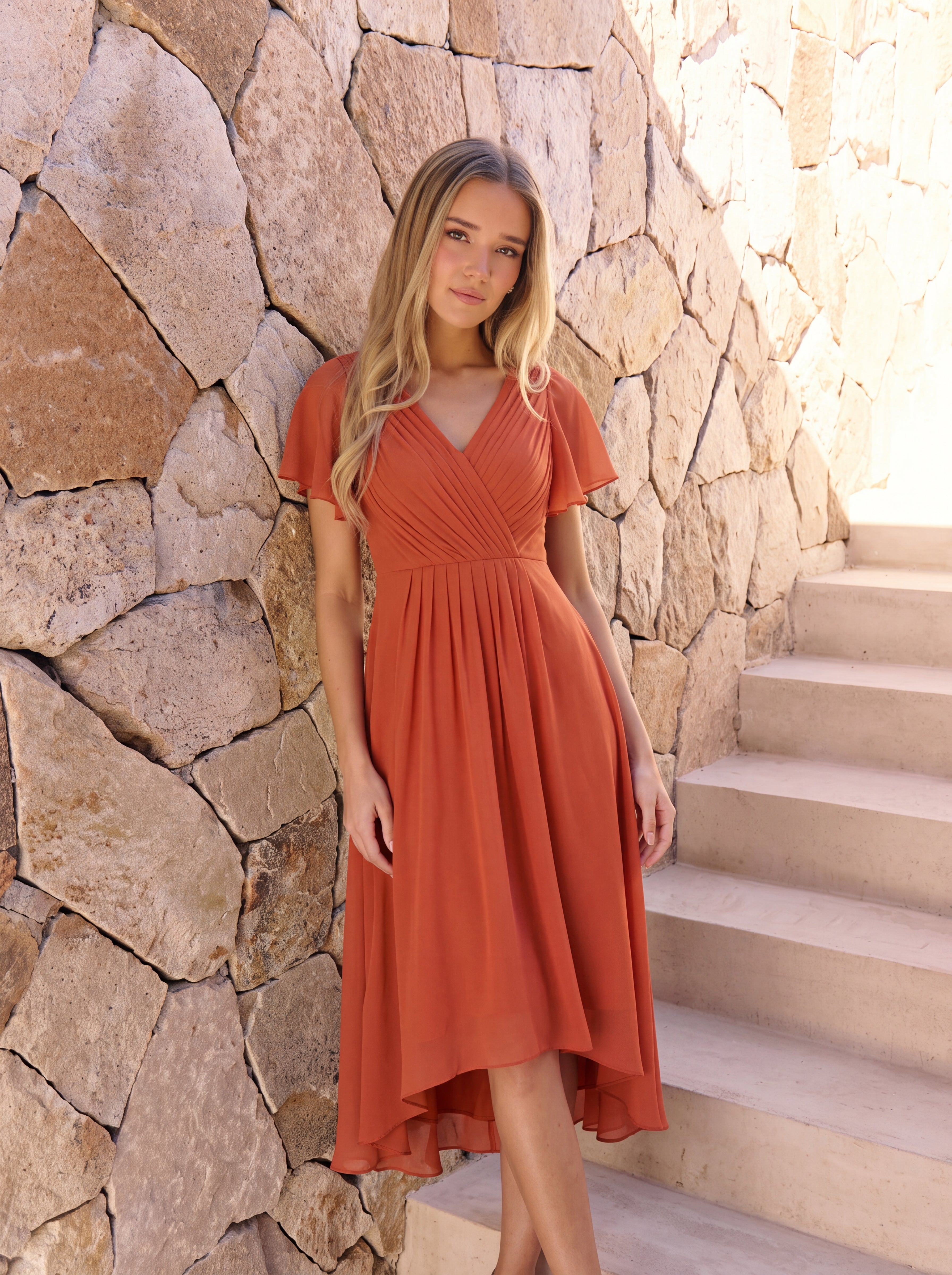 Robe d'invité de mariage chic à col en V #Couleur_Burnt Orange