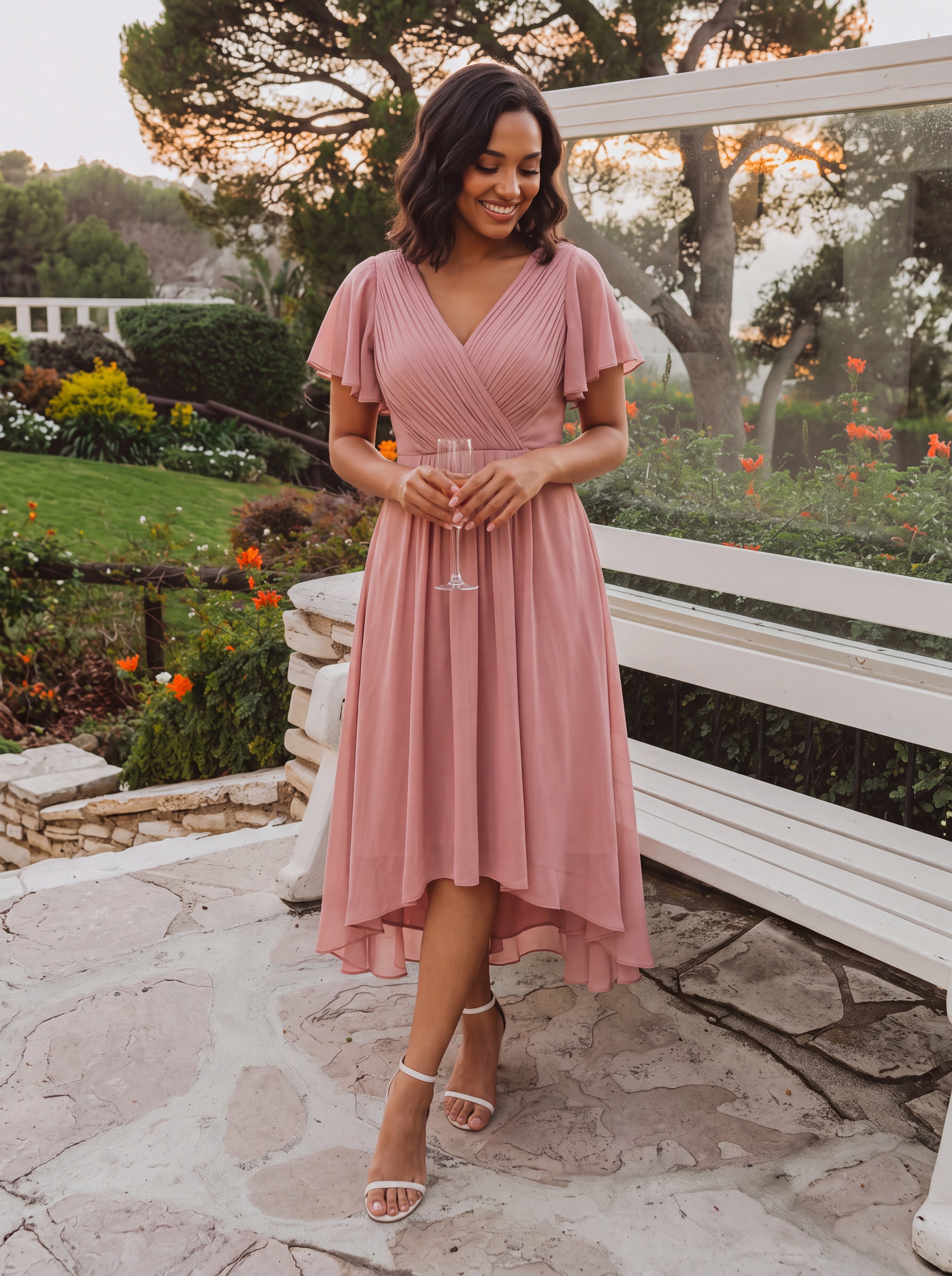 Robe d'invité de mariage chic à col en V #Couleur_Rose fumee