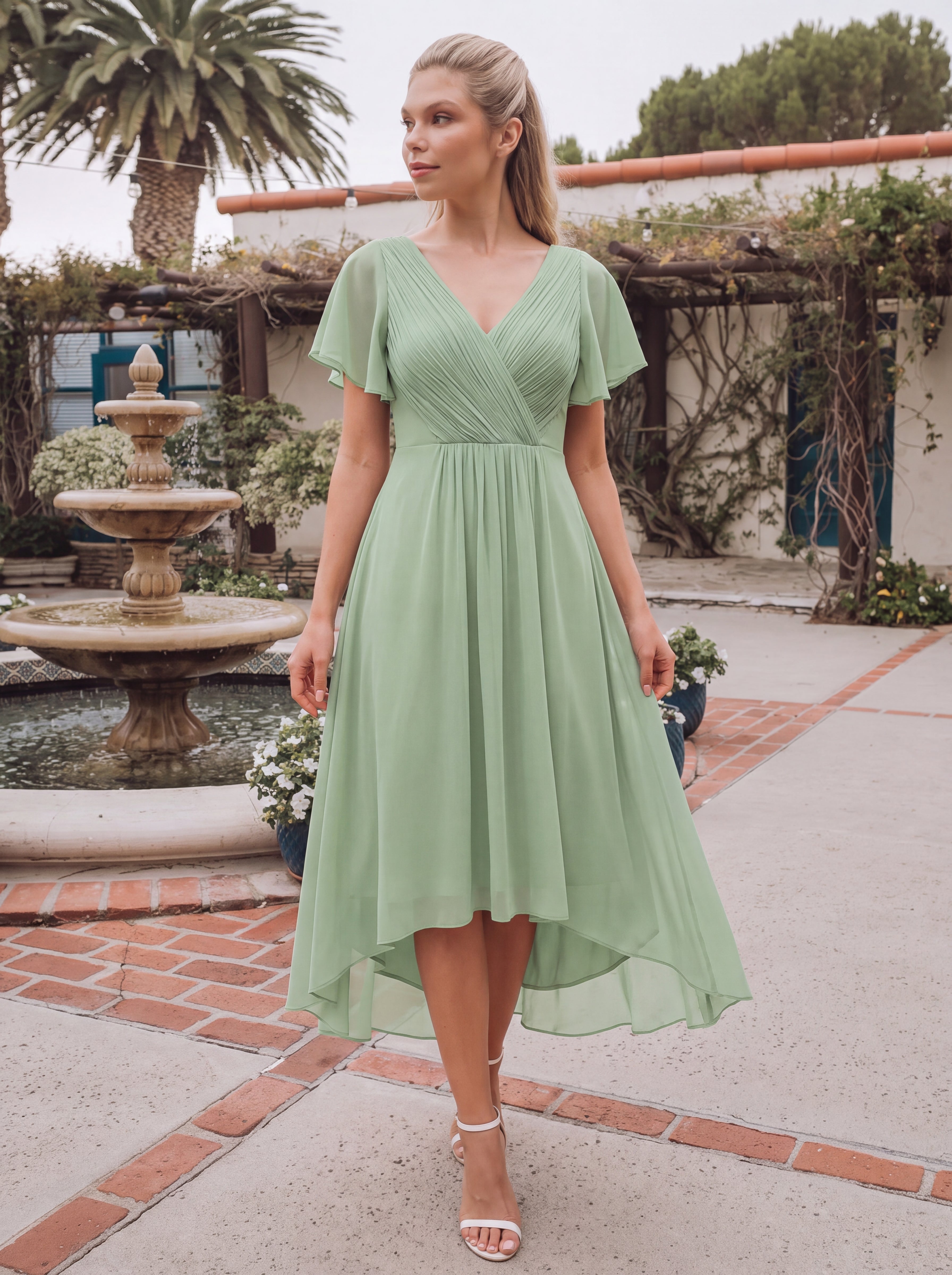 Robe d'invité de mariage chic à col en V #Couleur_Menthe Verte