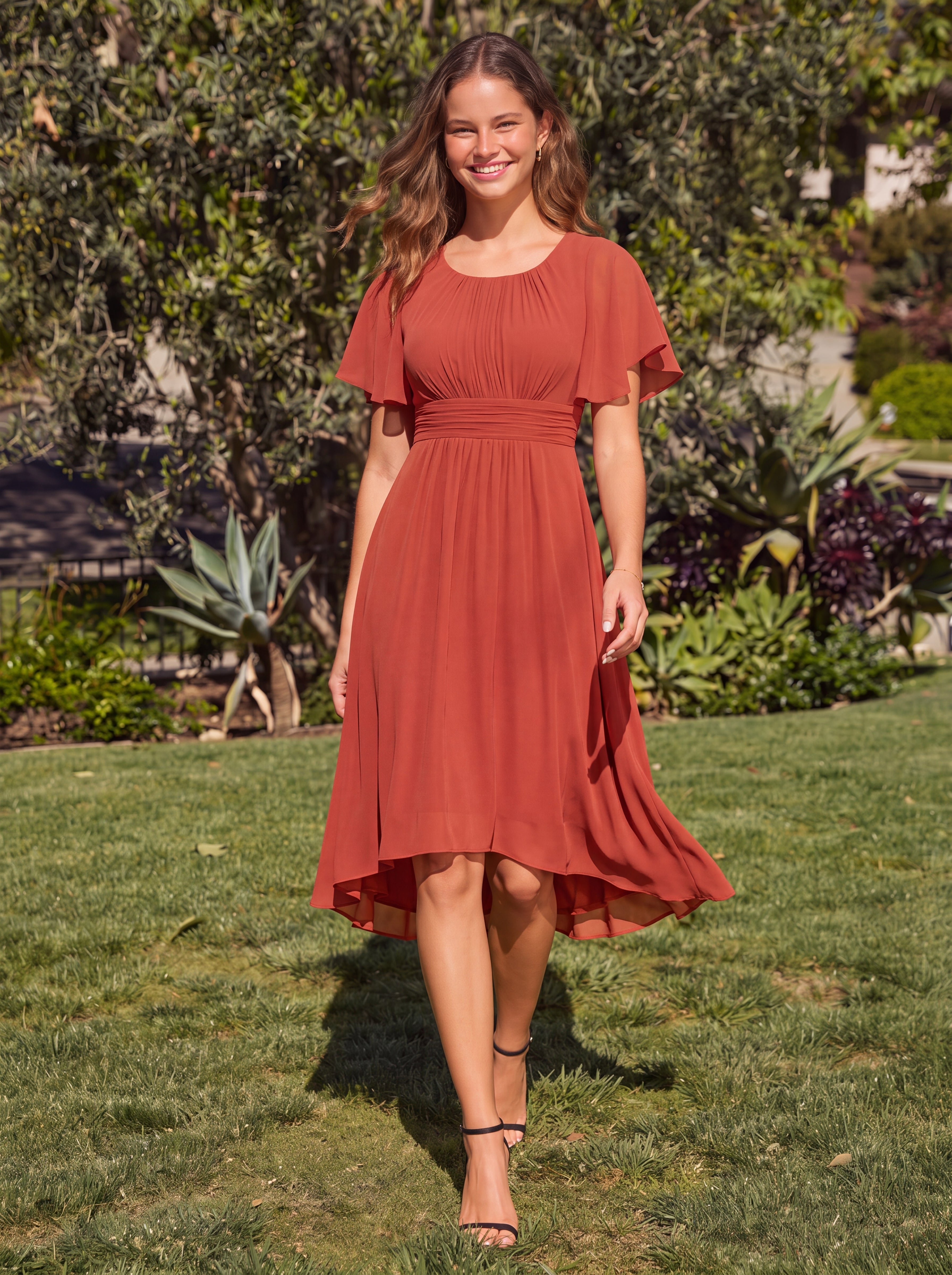 Robe d'invité de mariage trapèze en mousseline fluide à encolure ronde et longueur au genou #Couleur_Burnt Orange