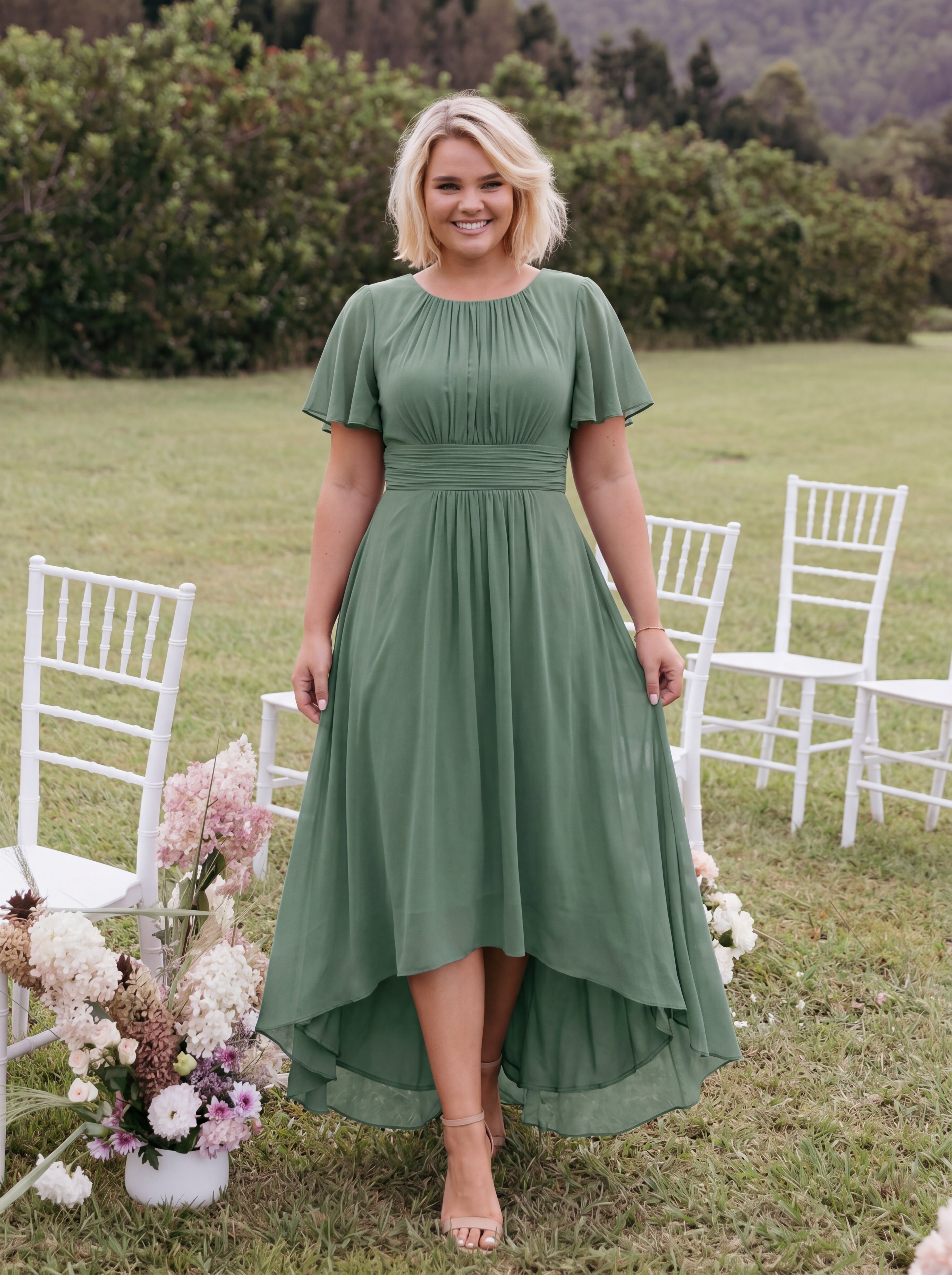 Robe d'invité de mariage trapèze en mousseline fluide à encolure ronde et longueur au genou #Couleur_Eucalyptus