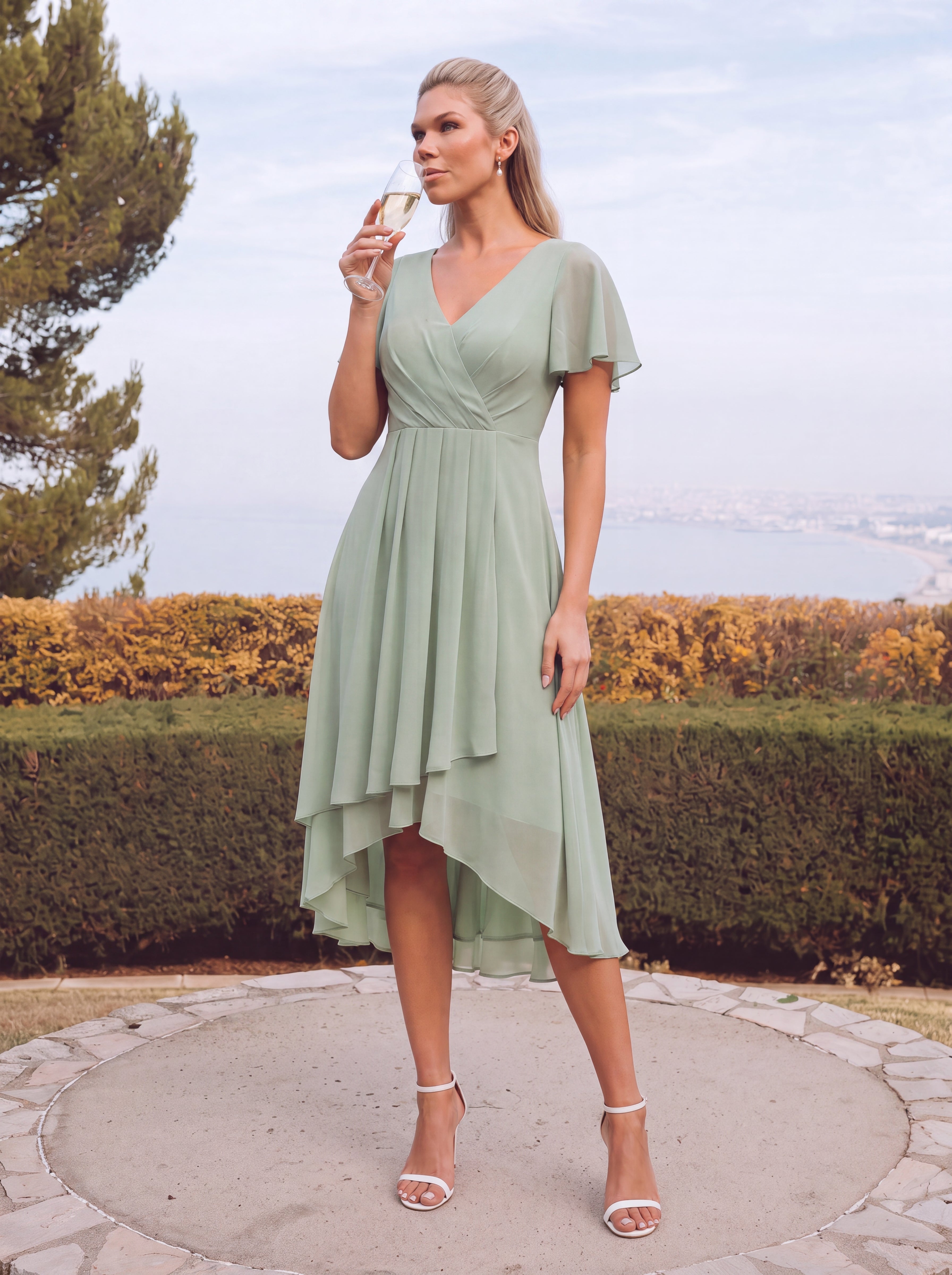 Robe D'invité De Mariage En Mousseline De Soie Mi-Longue Plissée à Manches à Volants Et Col En V #Couleur_Menthe Verte