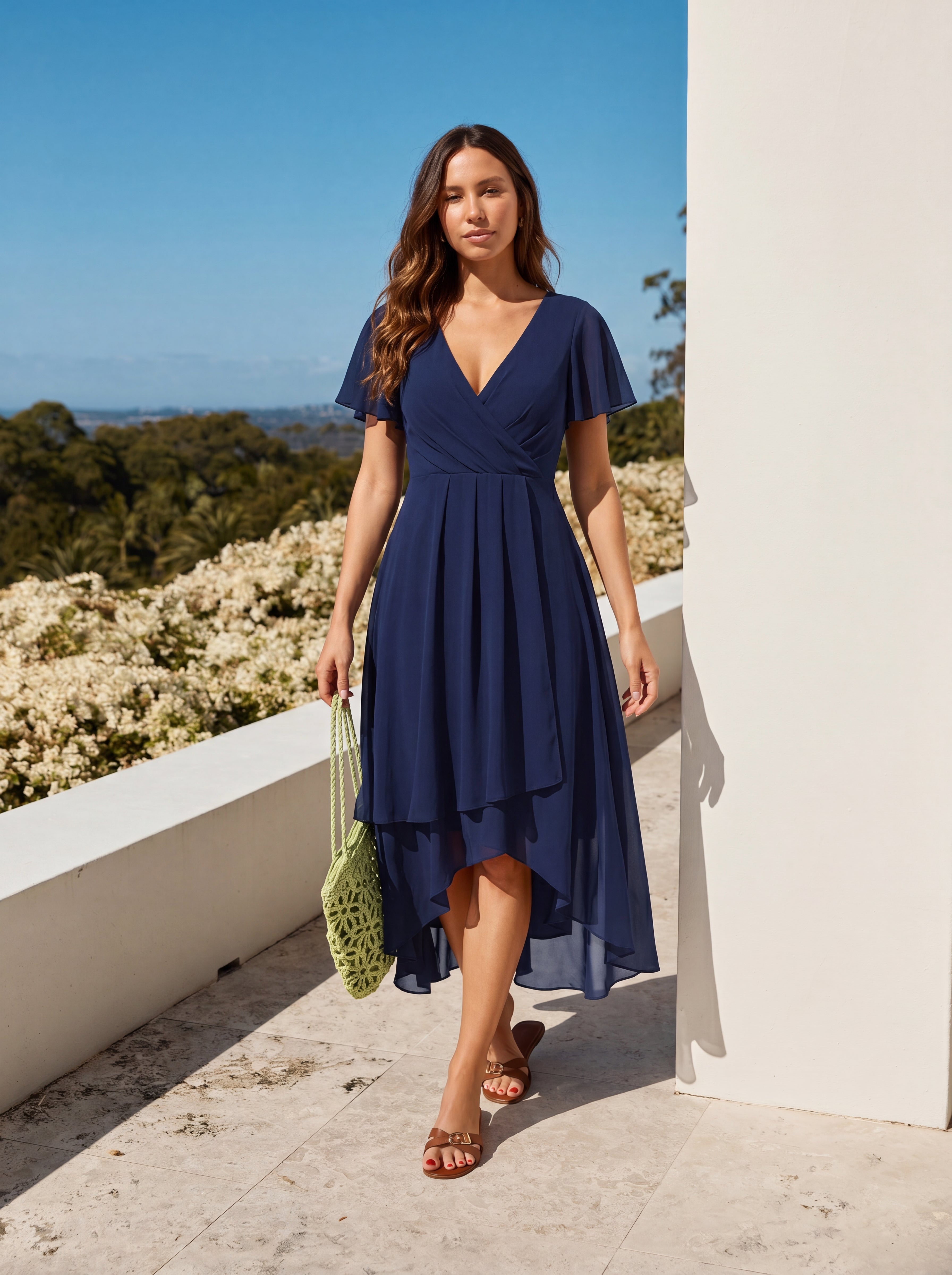 Robe D'invité De Mariage En Mousseline De Soie Mi-Longue Plissée à Manches à Volants Et Col En V #Couleur_Bleu Marine