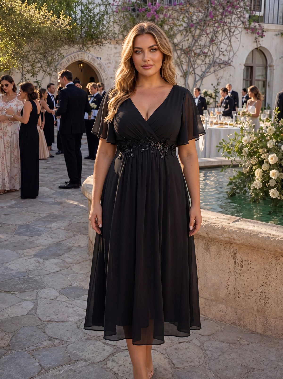 Robe d'invité de mariage mi-longue en mousseline à col en V avec appliques à la taille #Couleur_Noir