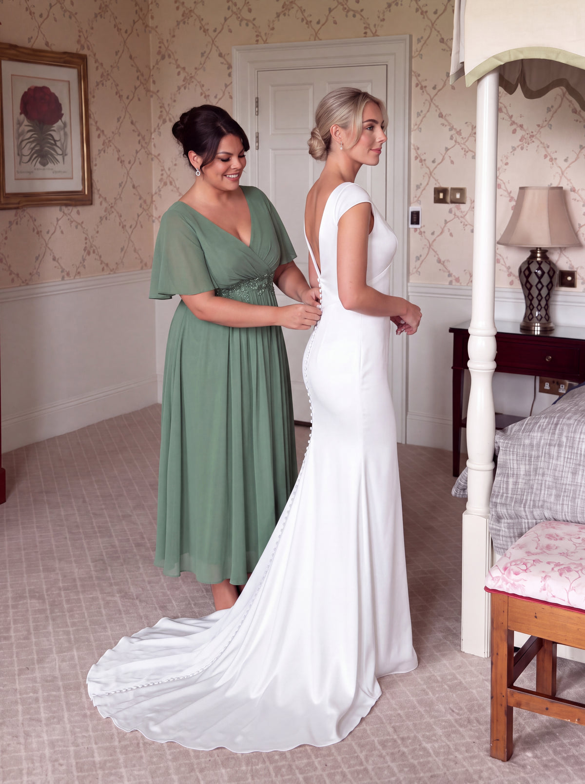 Robe d'invité de mariage mi-longue en mousseline de soie à col en V de grande taille avec applique à la taille #Couleur_Eucalyptus