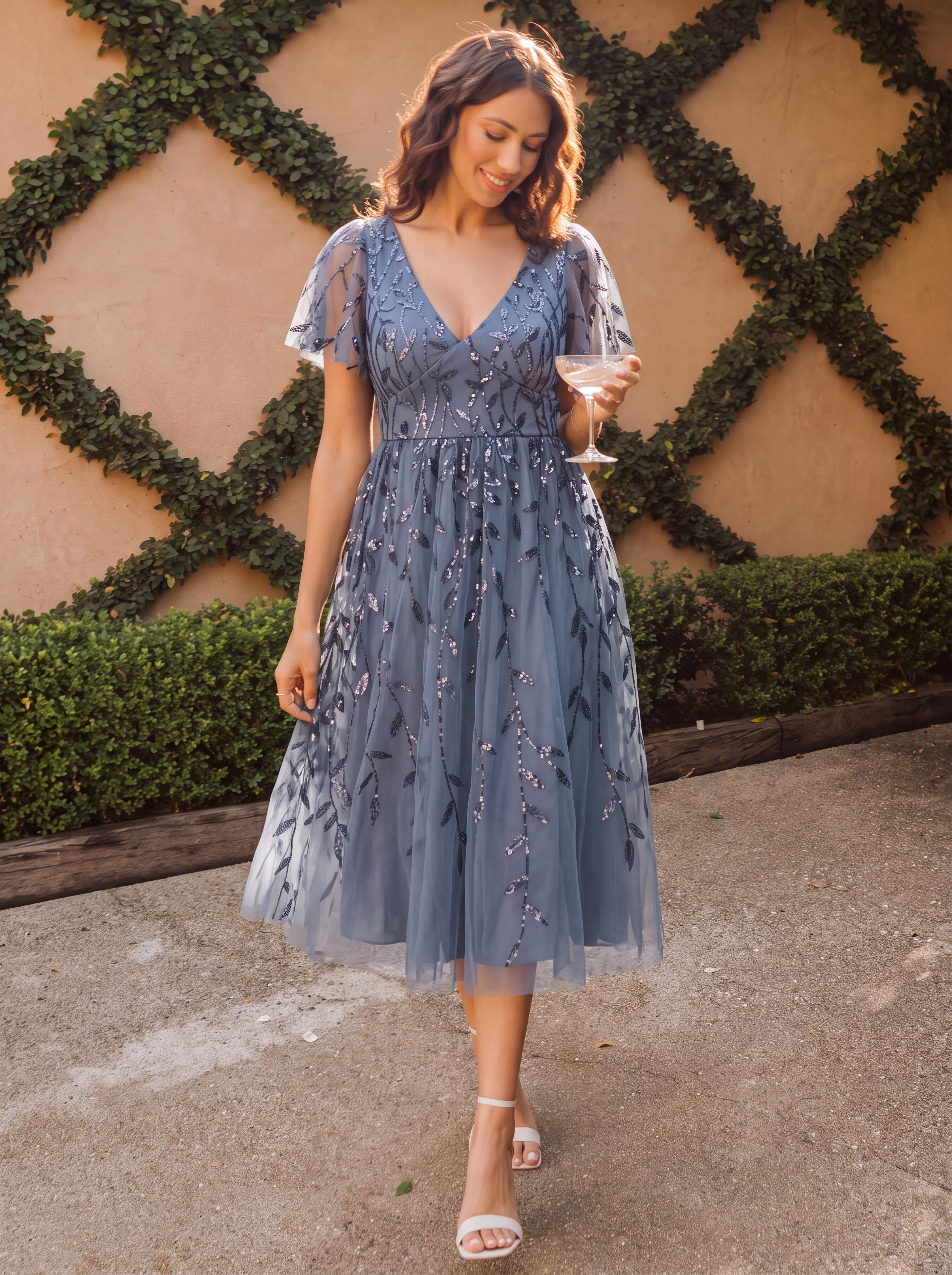 Robe d'invité de mariage formelle mi-longue à paillettes et feuilles à manches courtes #Couleur_Marine Fume