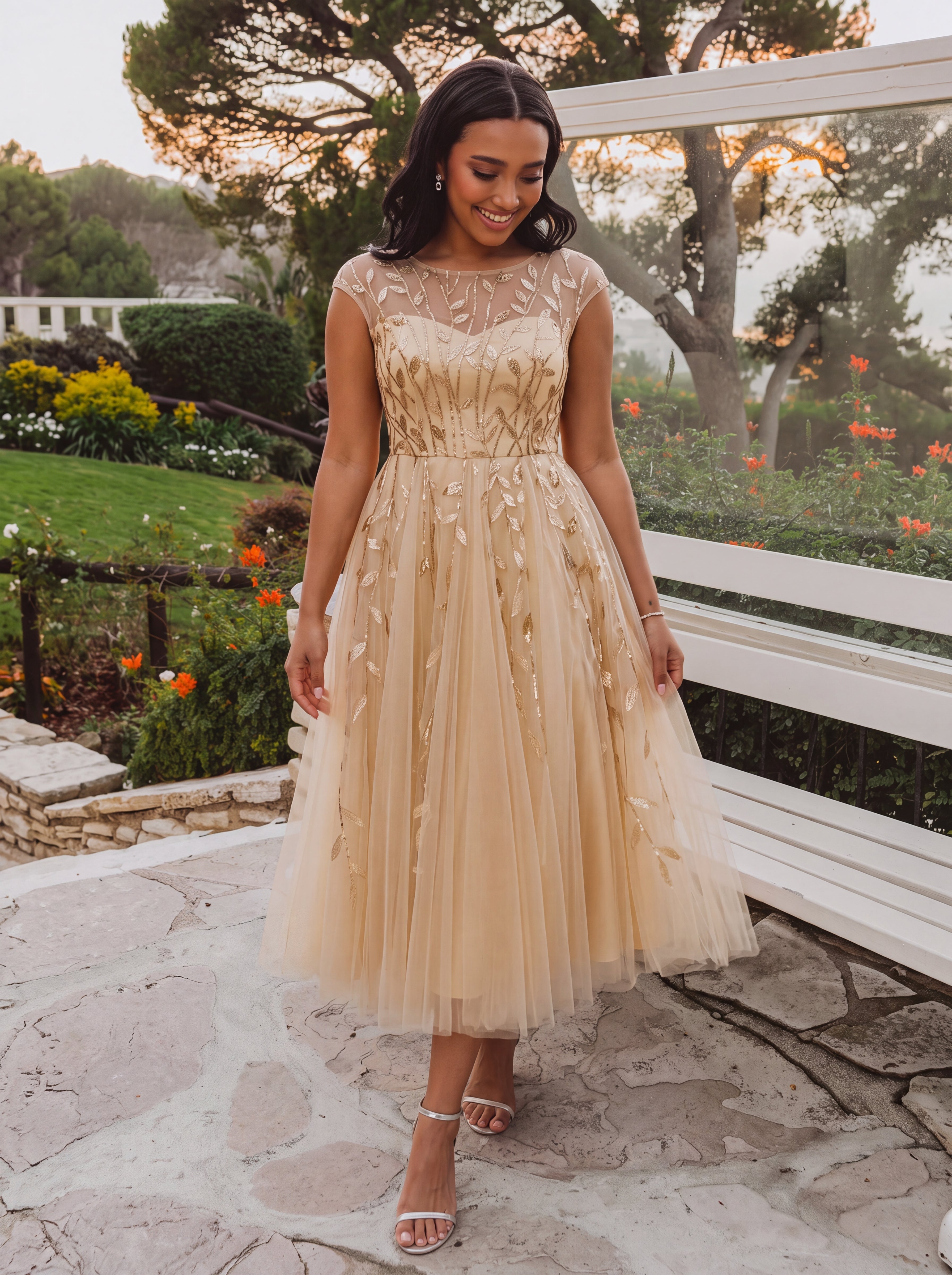 Robe midi évasée à manches courtes en patchwork transparent #Couleur_Dorée