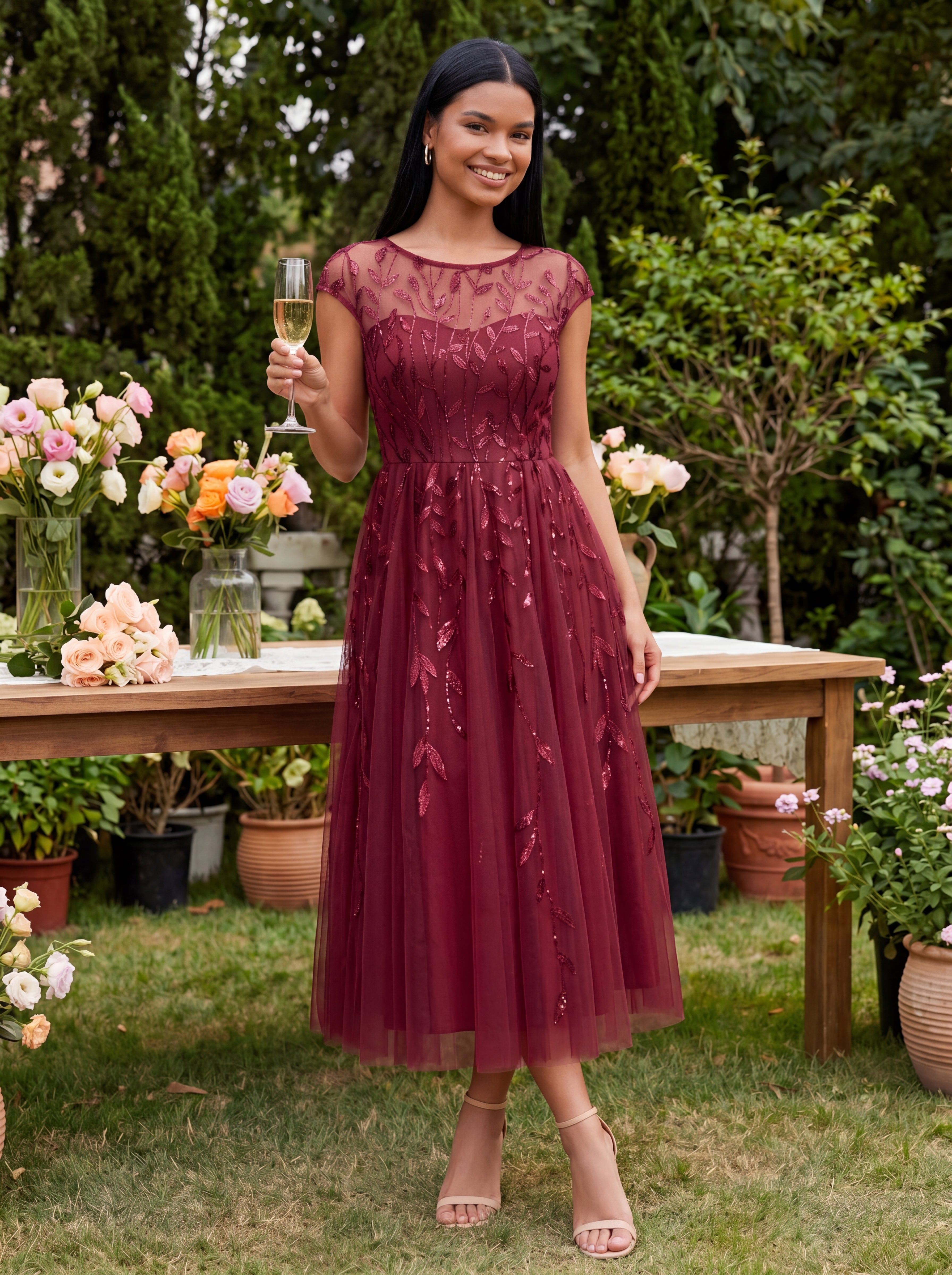 Robe midi évasée à manches courtes en patchwork transparent #Couleur_Bordeaux