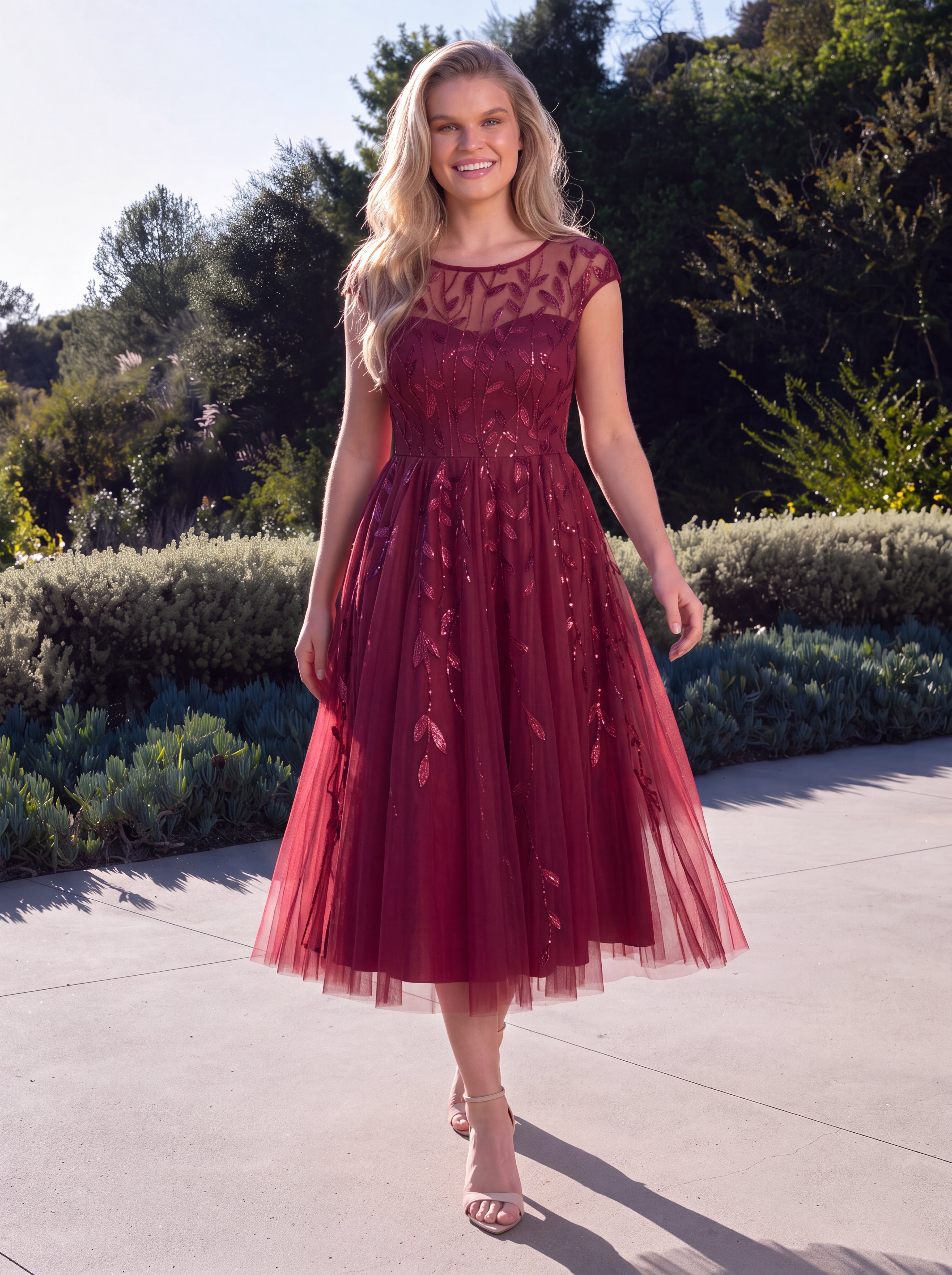 Robe midi évasée à manches courtes en patchwork transparent #Couleur_Bordeaux