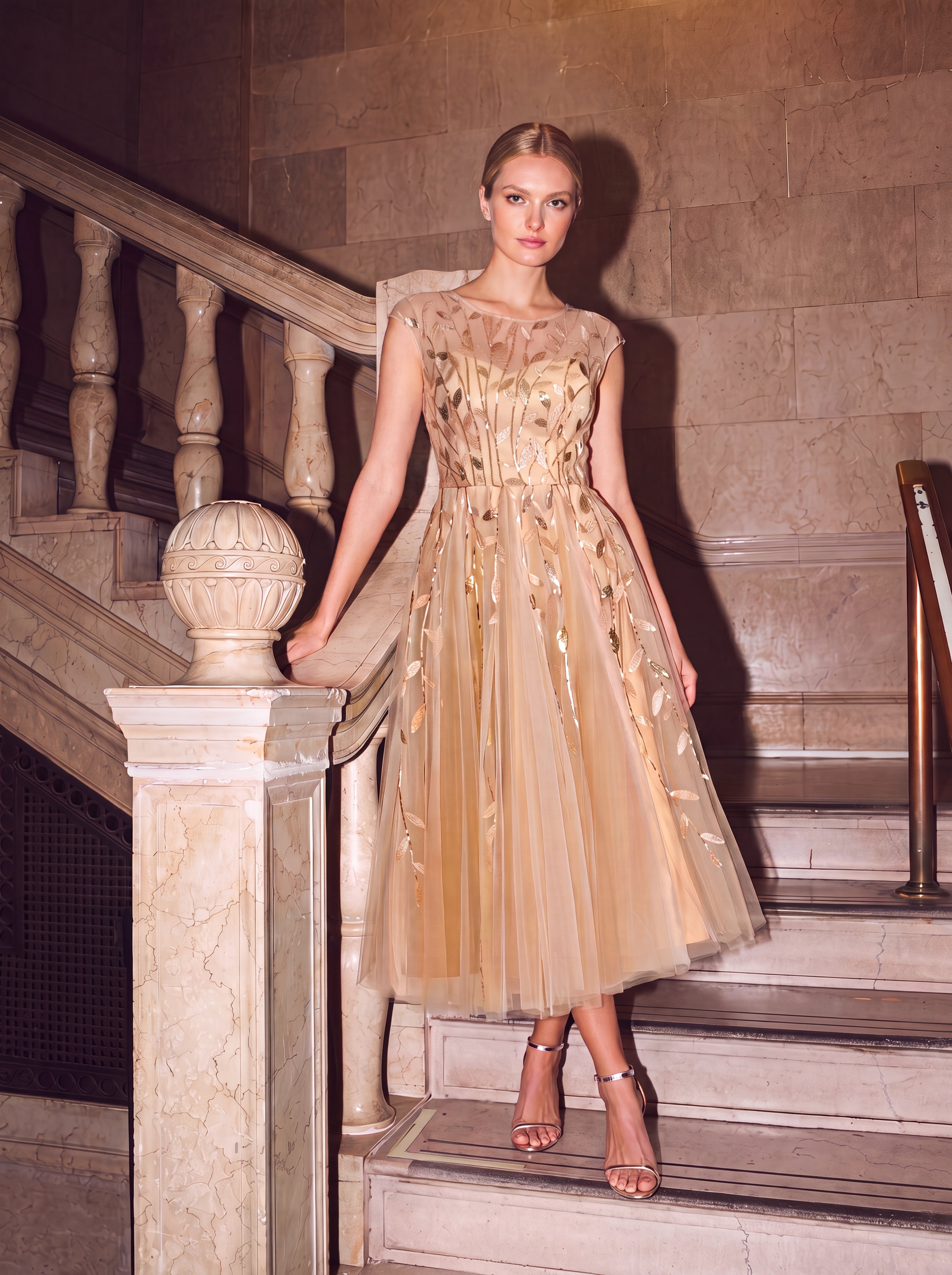Robe midi évasée à manches courtes en patchwork transparent #Couleur_Dorée
