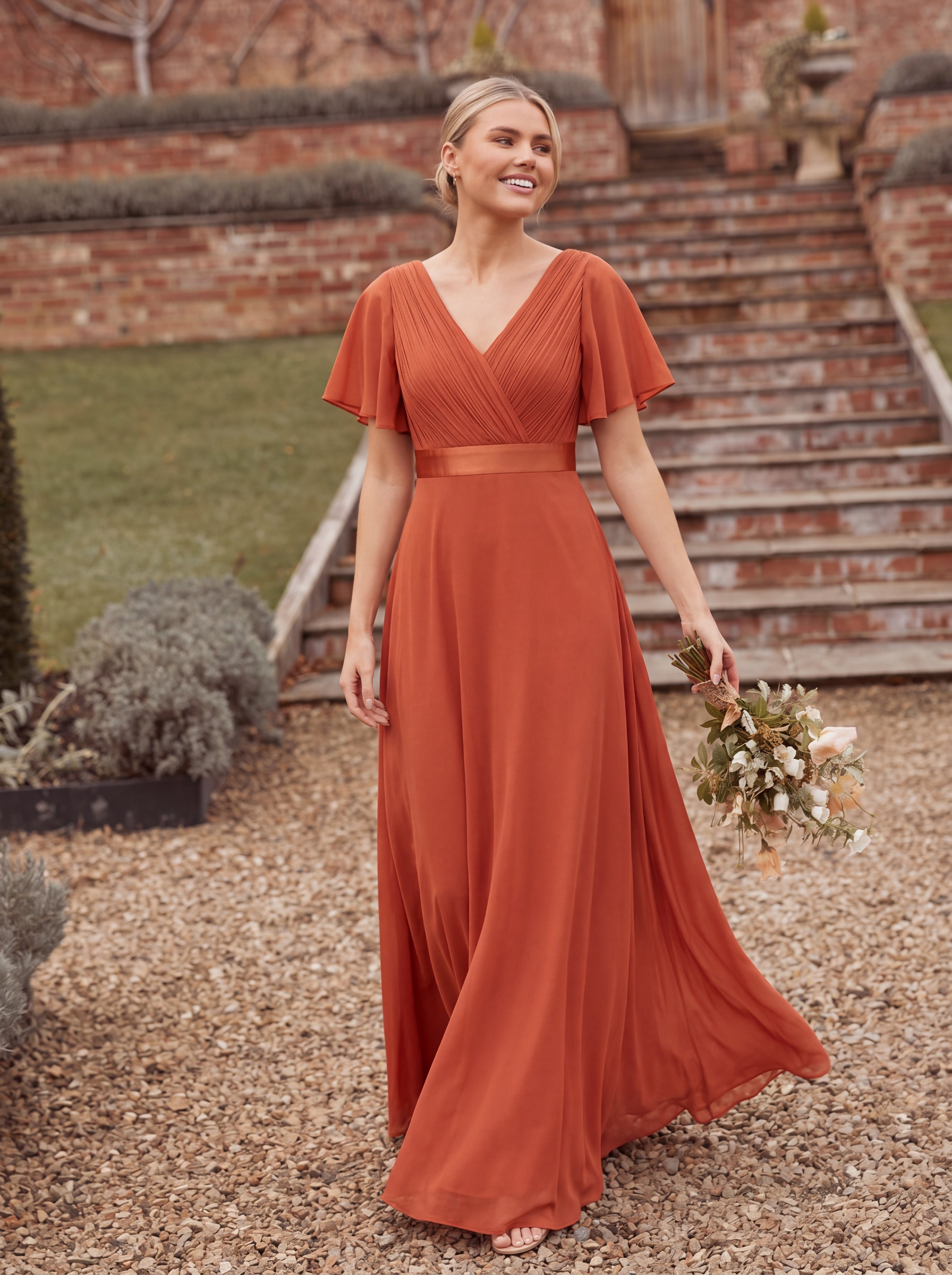 Robe mariage invitée fluide élégante en mousseline à taille haute #Couleur_Burnt Orange