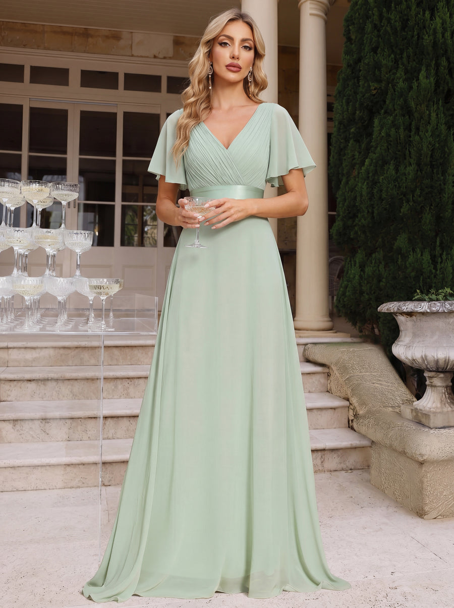 Robe mariage invitée fluide élégante en mousseline à taille haute #Couleur_Menthe Verte