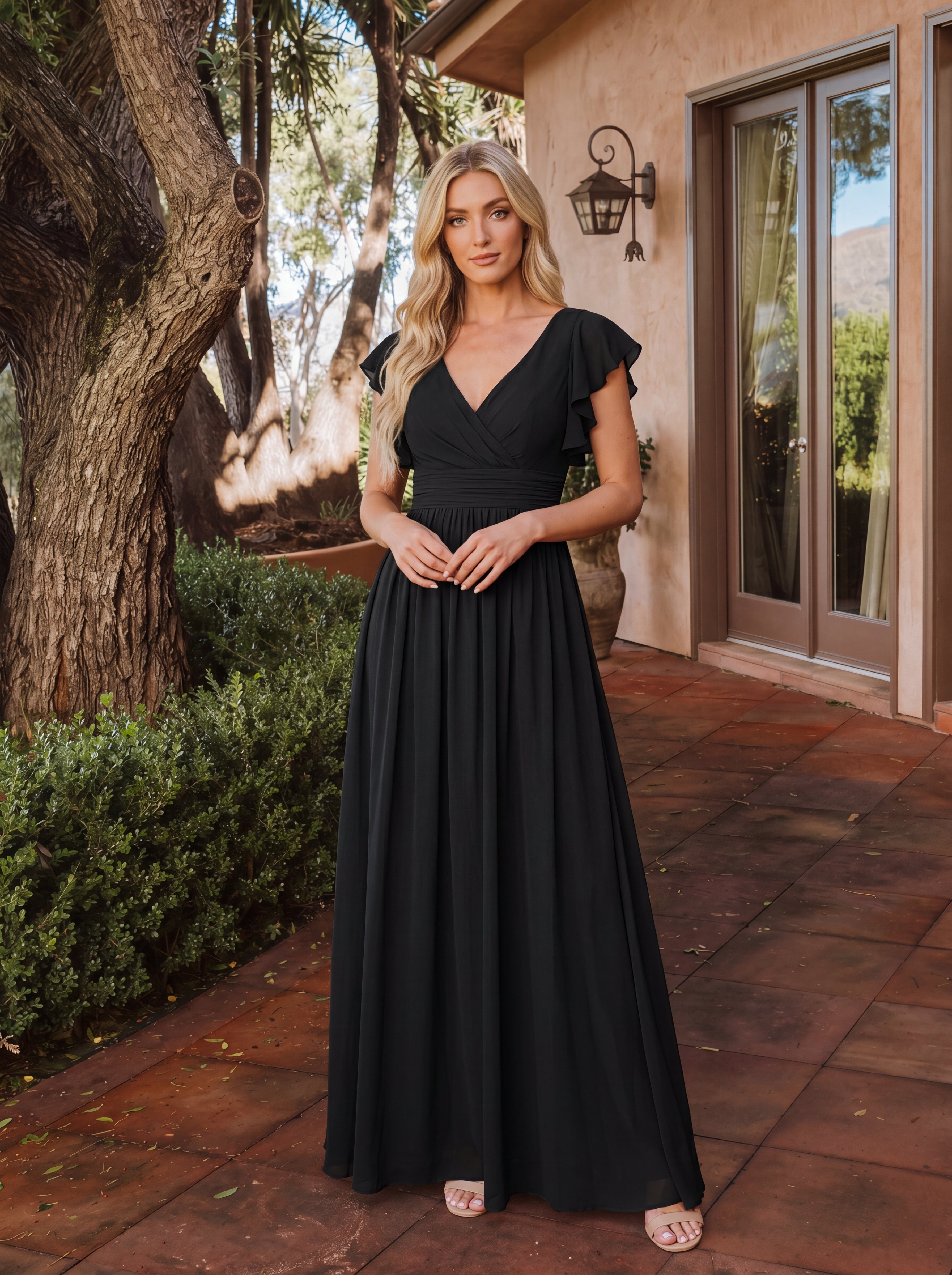 Robe demoiselle d'honneur Curvy mousseline manches plissées avec découpe au dos #Couleur_Noir