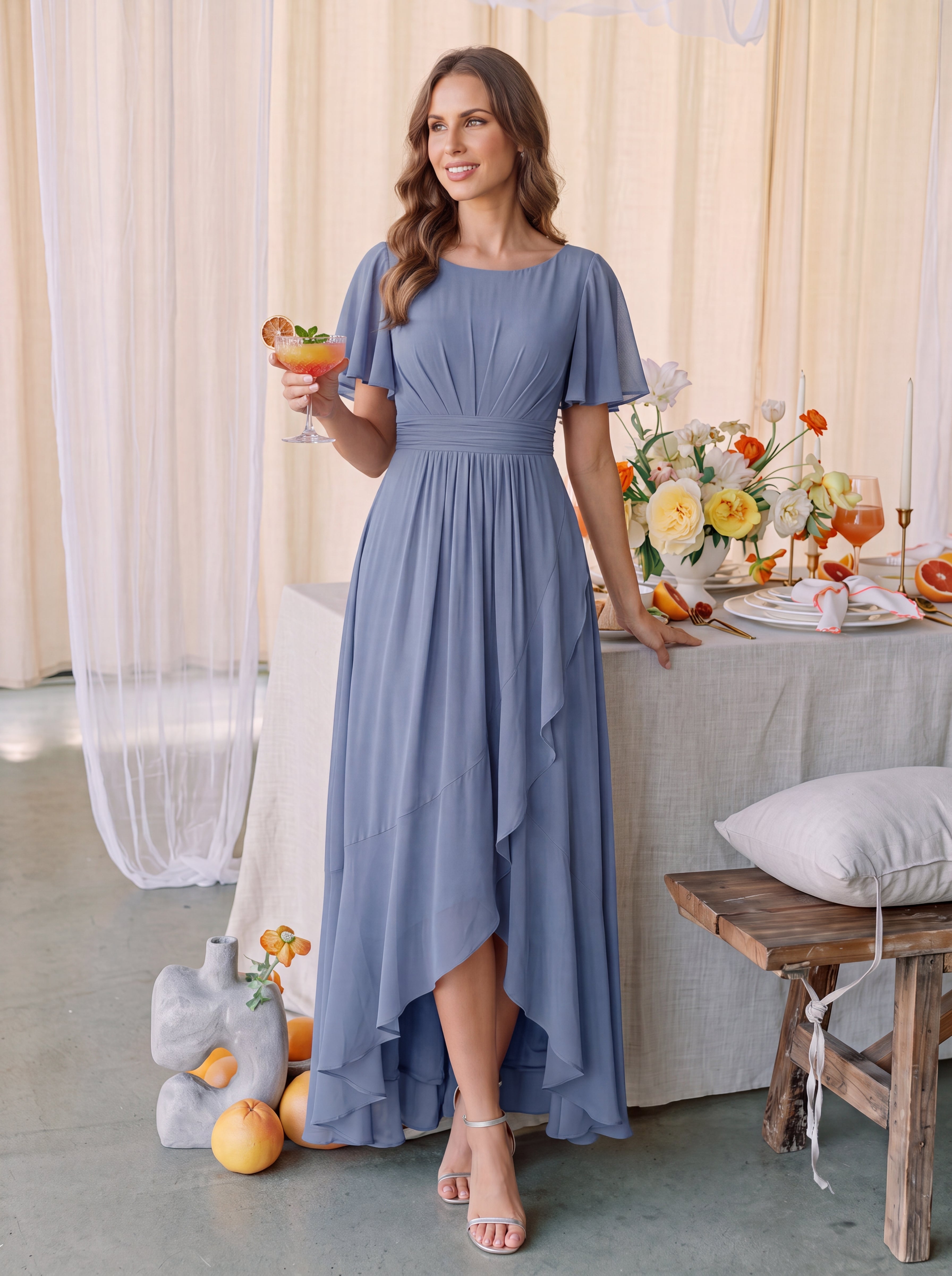 Robe asymétrique sans manches à volants avec détails plissés et ourlet haut bas #Couleur_Marine Fume