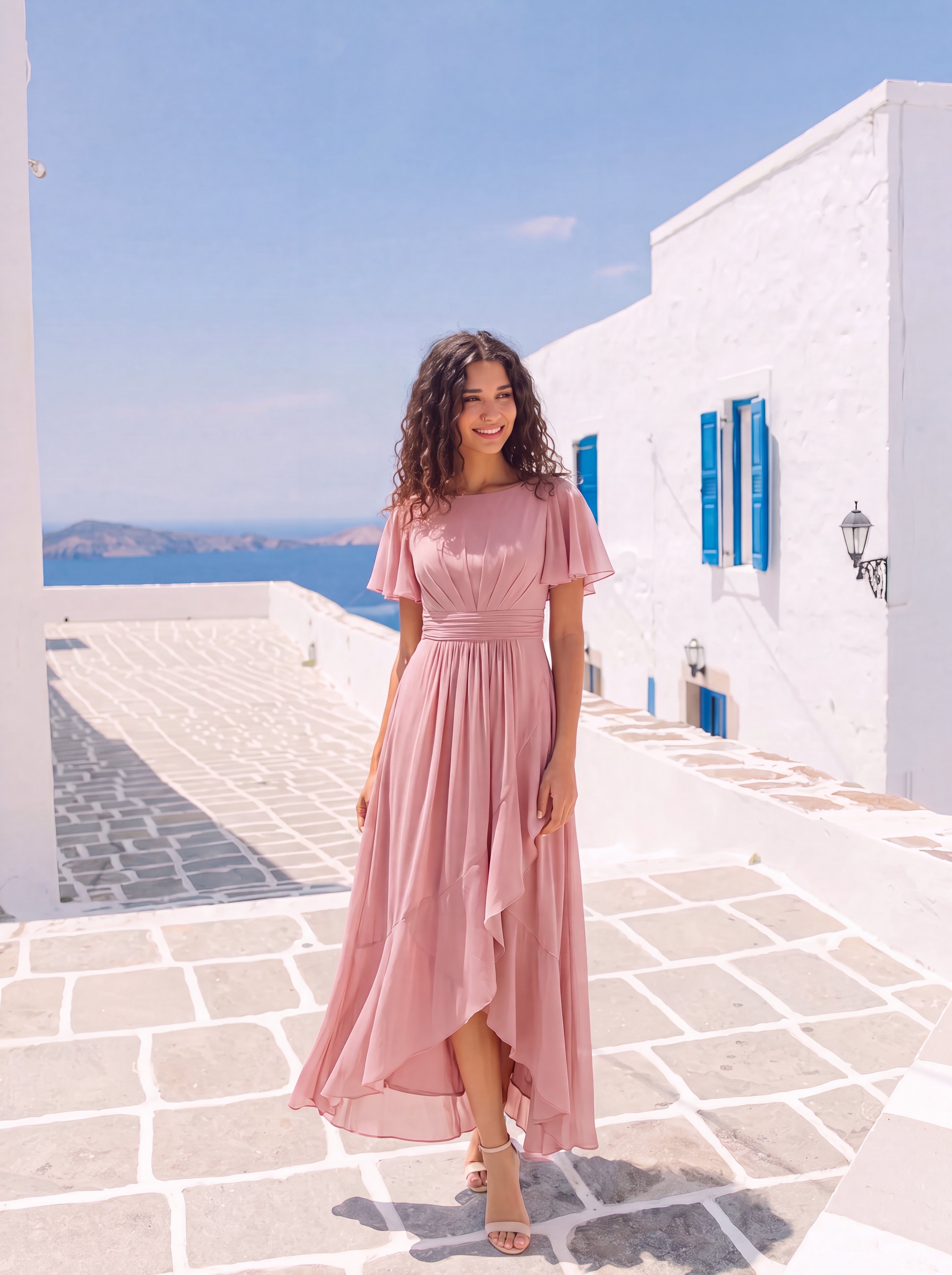 Robe asymétrique sans manches à volants avec détails plissés et ourlet haut bas #Couleur_Rose fumee