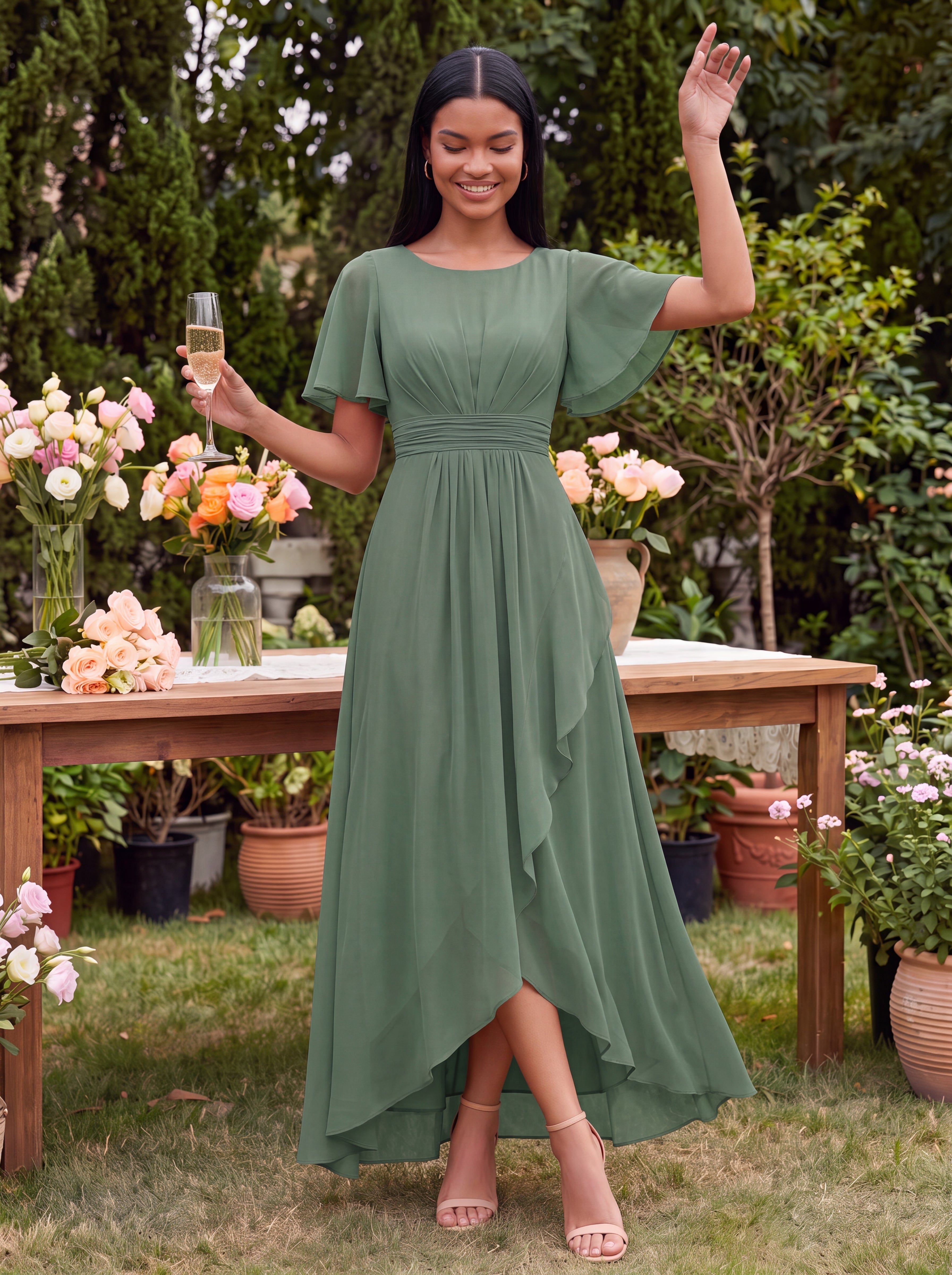 Robe asymétrique sans manches à volants avec détails plissés et ourlet haut bas #Couleur_Eucalyptus