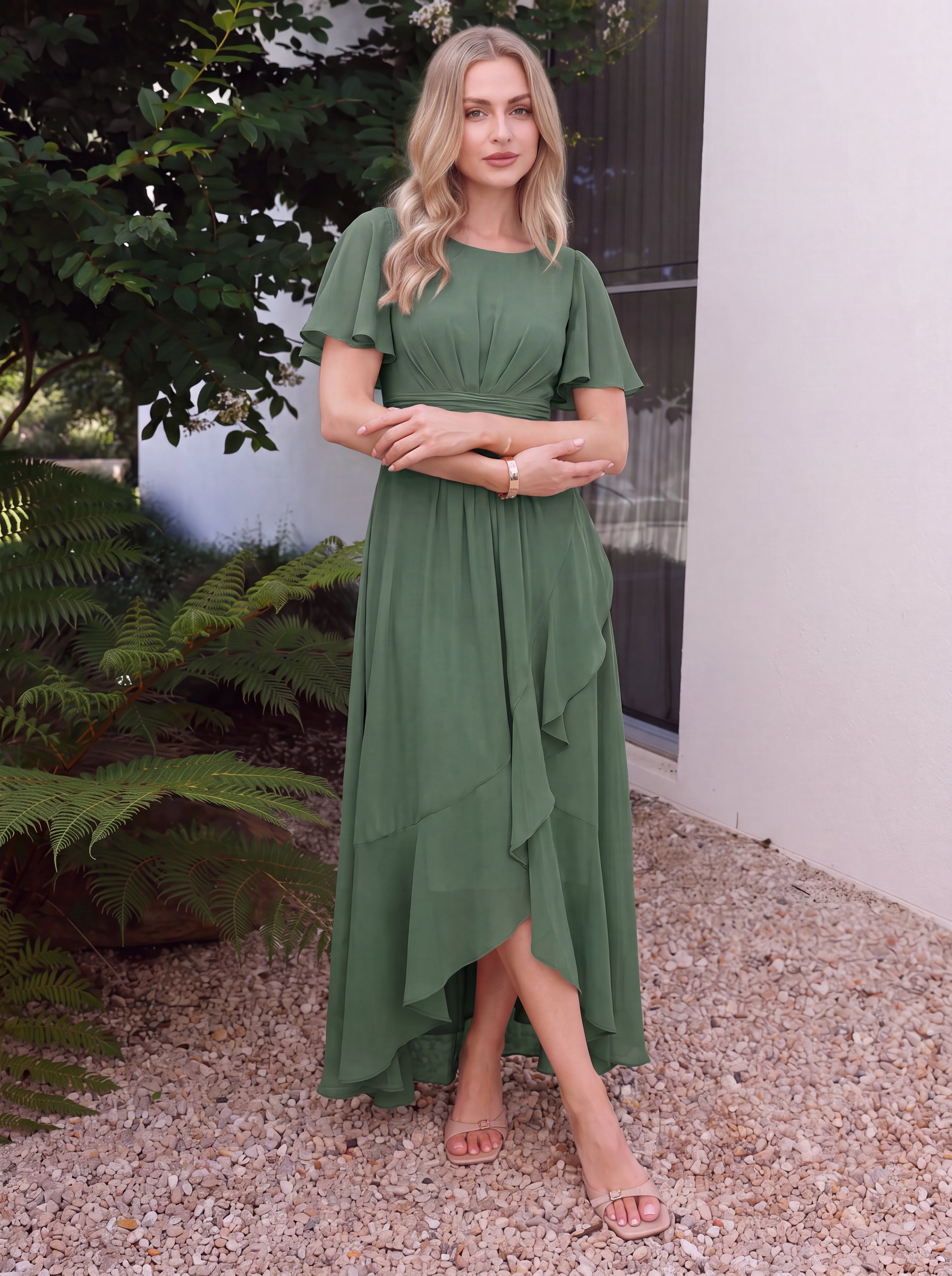 Robe asymétrique sans manches à volants avec détails plissés et ourlet haut bas #Couleur_Eucalyptus