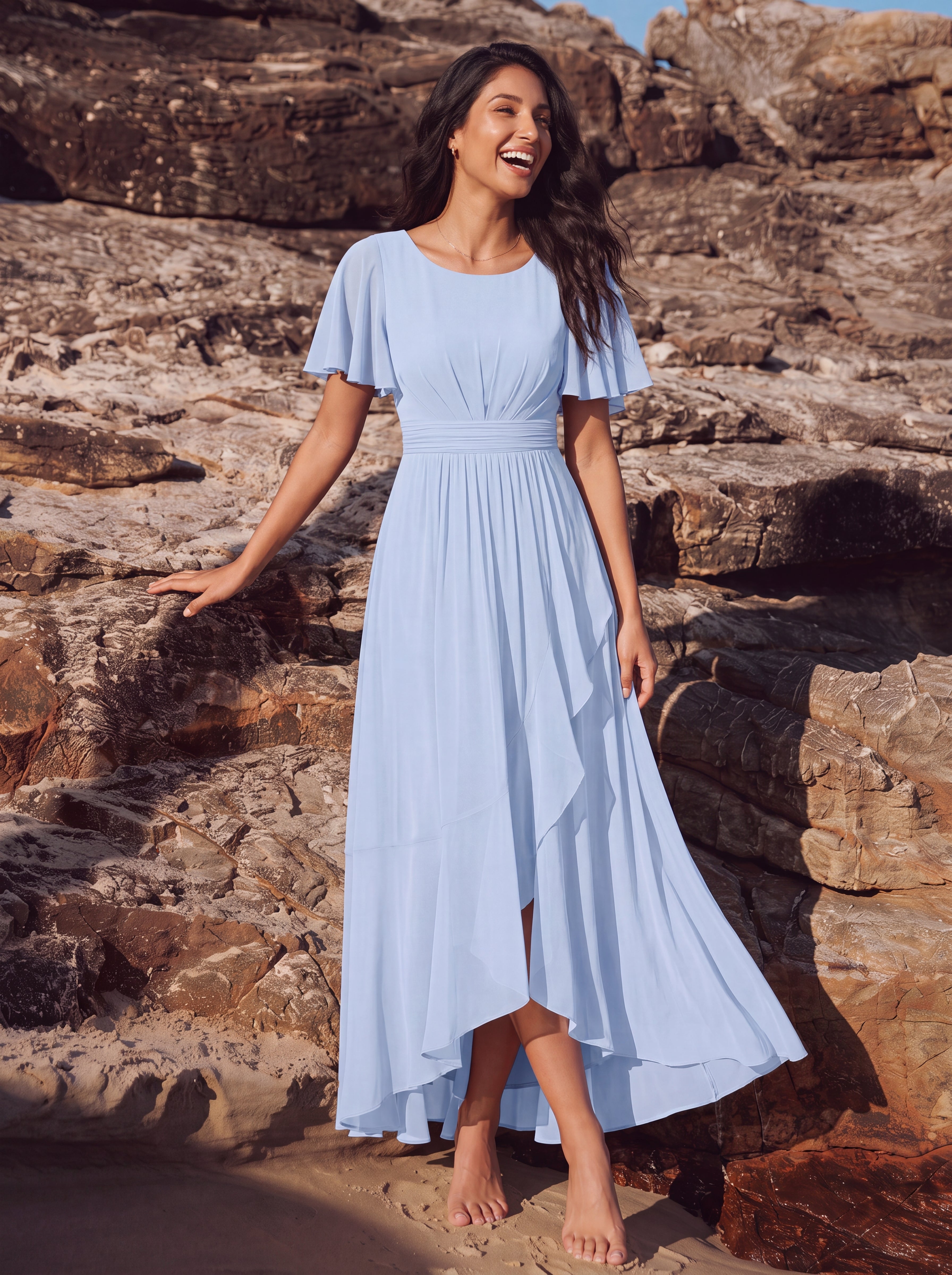 Robe asymétrique sans manches à volants avec détails plissés et ourlet haut bas #Couleur_Bleu Glace