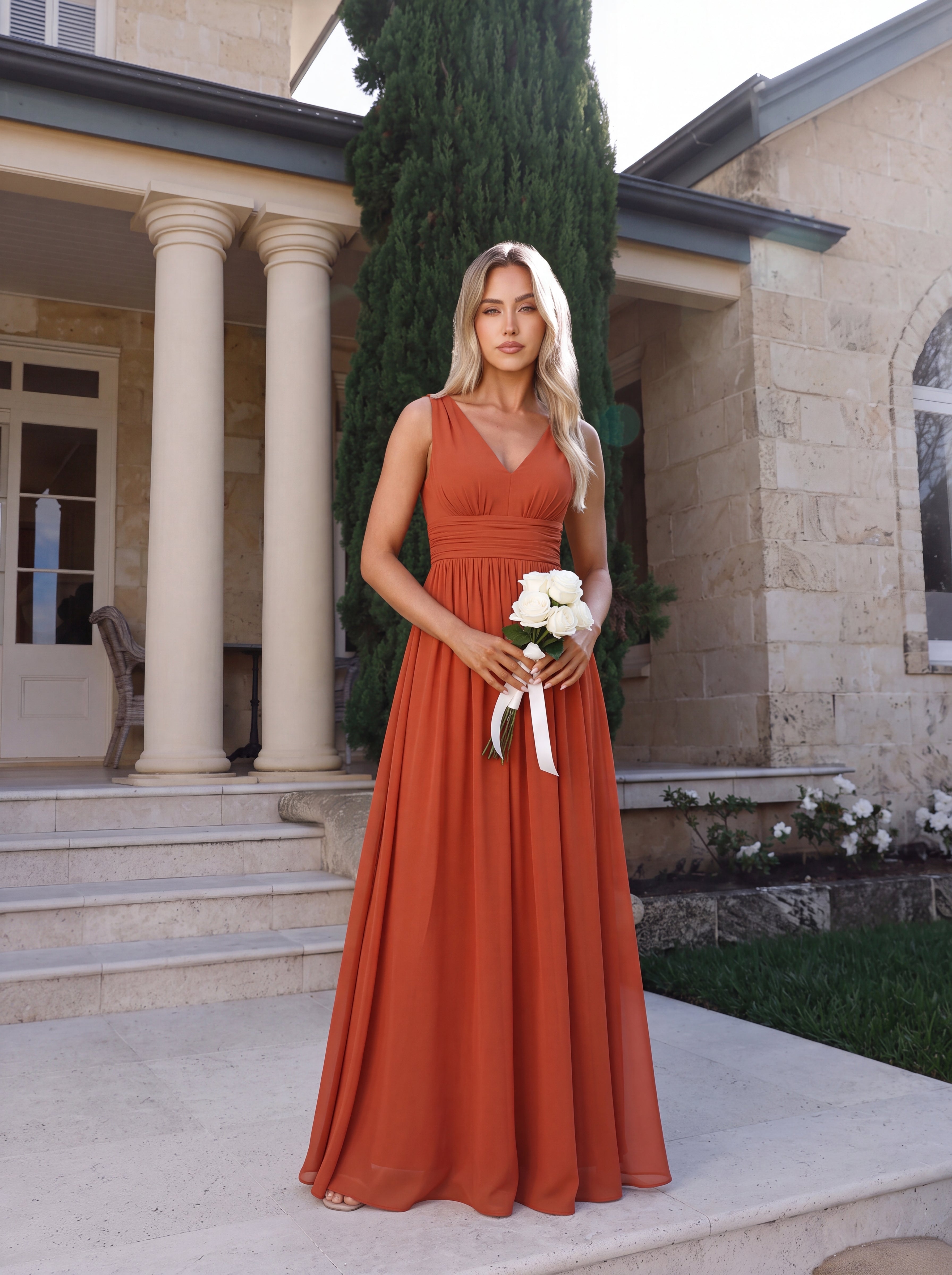Robe de demoiselle d'honneur en mousseline à col en V #Couleur_Burnt orange