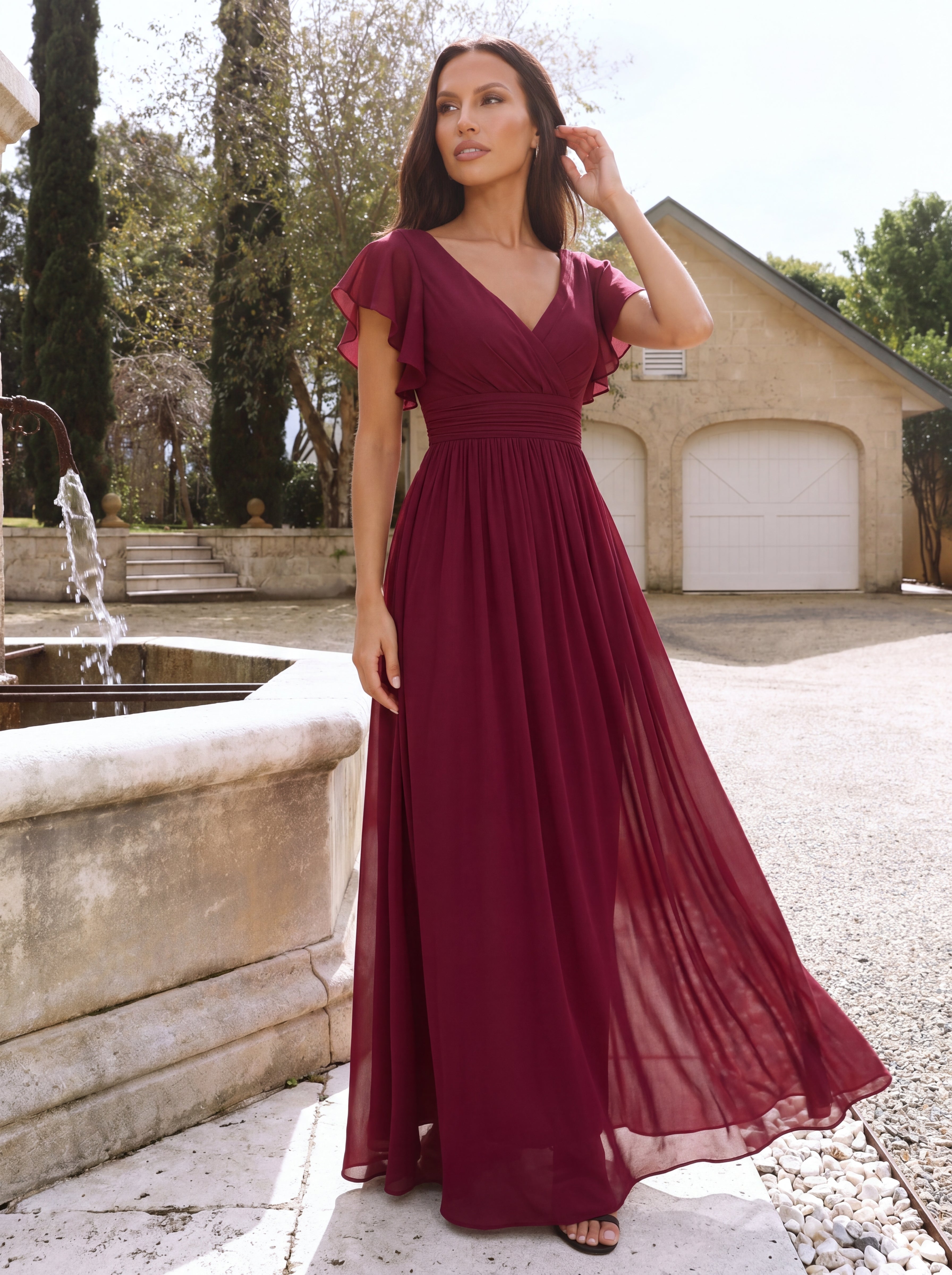 Robe demoiselle d'honneur en mousseline manches plissées avec découpe au dos #Couleur_Bordeaux