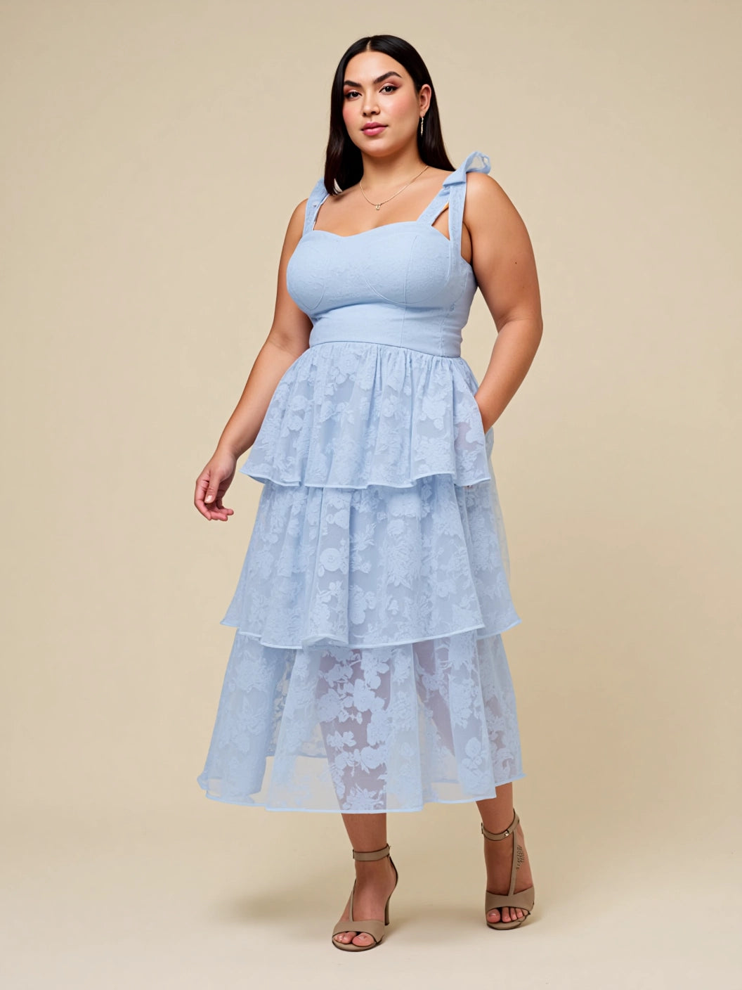 Robe de mariée mi-longue à volants et bustier à bretelles nouées et à fleurs #Couleur_Bleu Glace