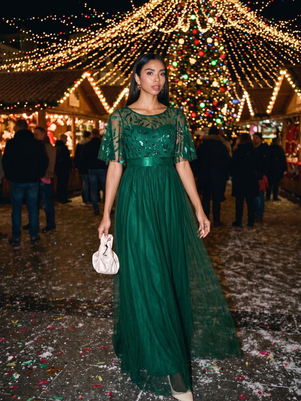 Robes de soirée brodées à manches courtes A-Line pour femmes #Couleur_Vert Fonce