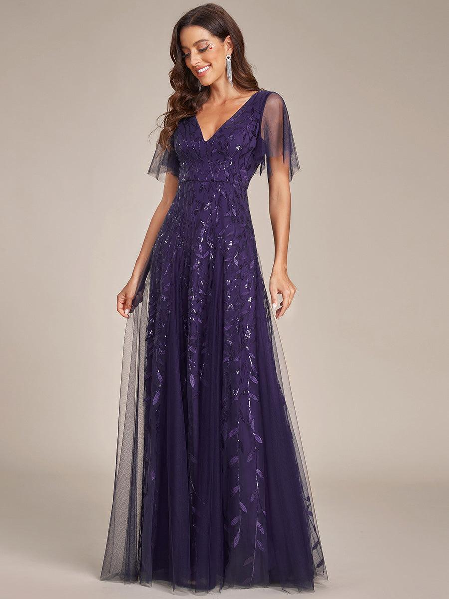Robe de Soirée Longue Romantique et Scintillante à Col V et Pailletes #Couleur_Violet Fonce