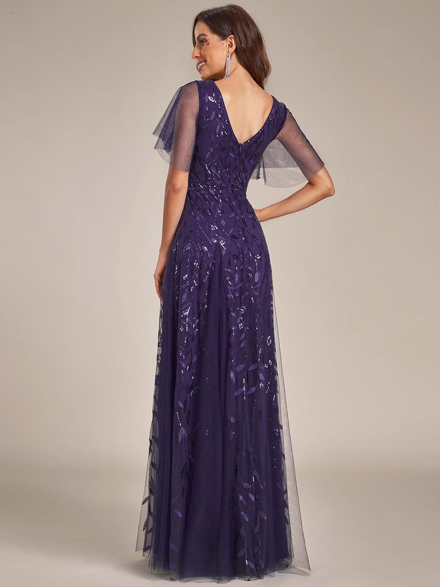 Robe de Soirée Longue Romantique et Scintillante à Col V et Pailletes #Couleur_Violet Fonce
