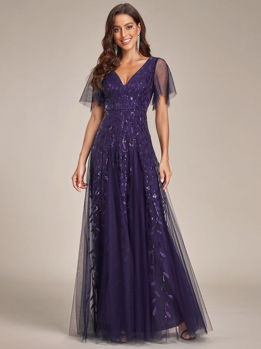 Robe de Soirée Longue Romantique et Scintillante à Col V et Pailletes #Couleur_Violet Fonce