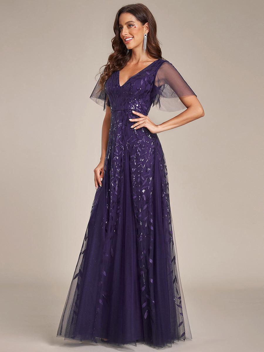 Robe de Soirée Longue Romantique et Scintillante à Col V et Pailletes #Couleur_Violet Fonce