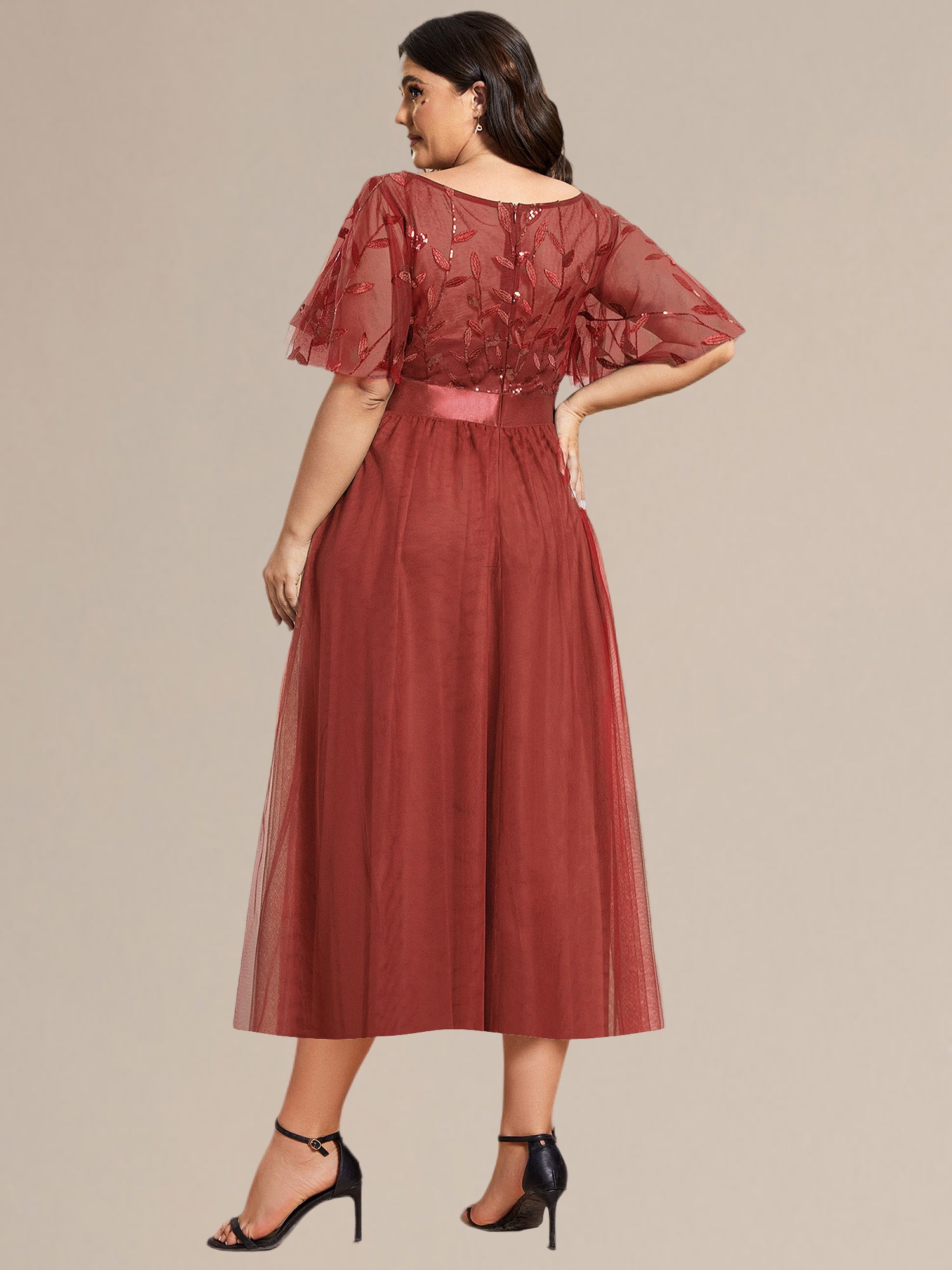 Robe d'invité de mariage trapèze en mousseline fluide à encolure ronde et longueur au genou #Couleur_Burnt Orange