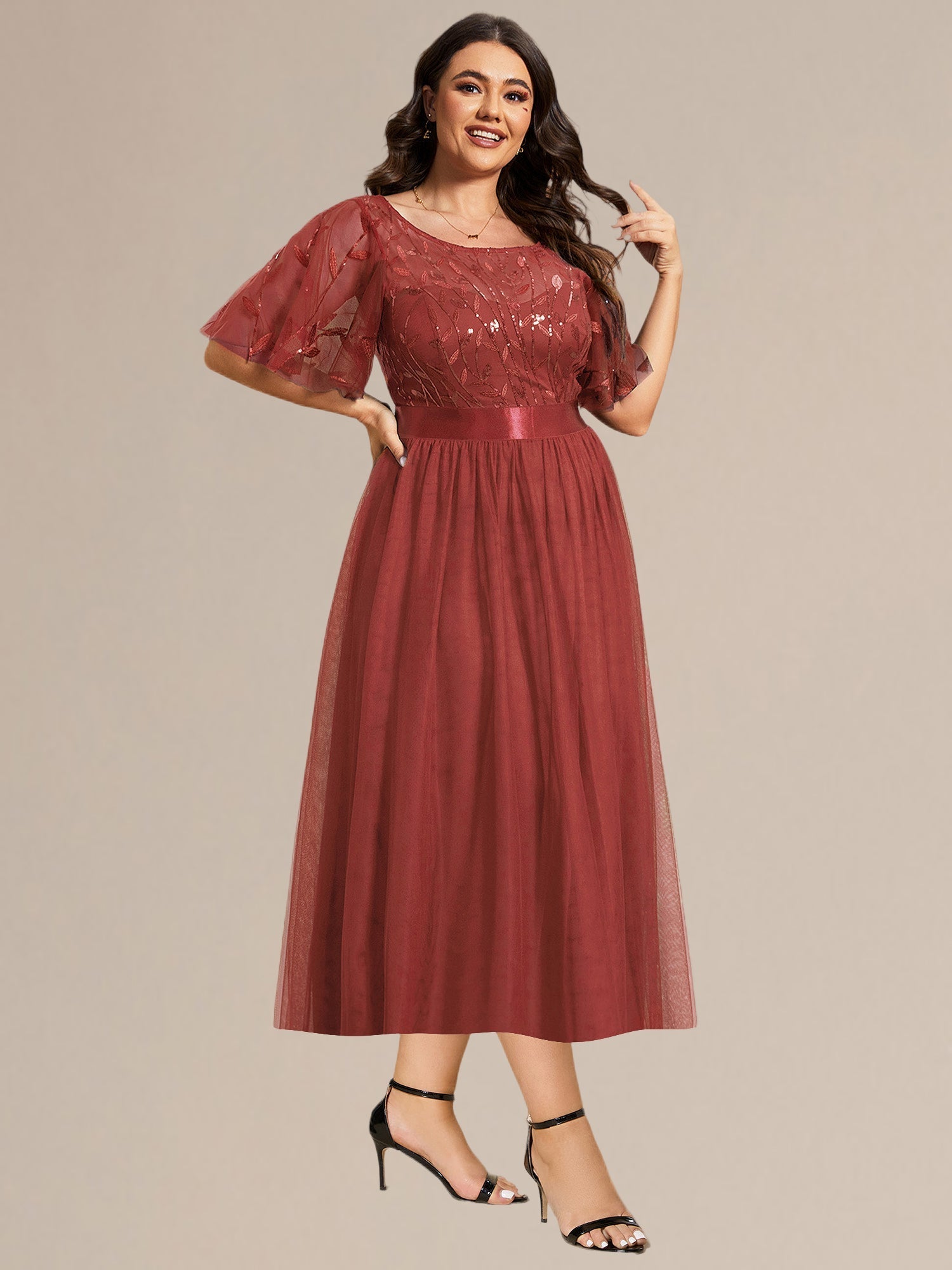 Robe d'invité de mariage trapèze en mousseline fluide à encolure ronde et longueur au genou #Couleur_Burnt Orange