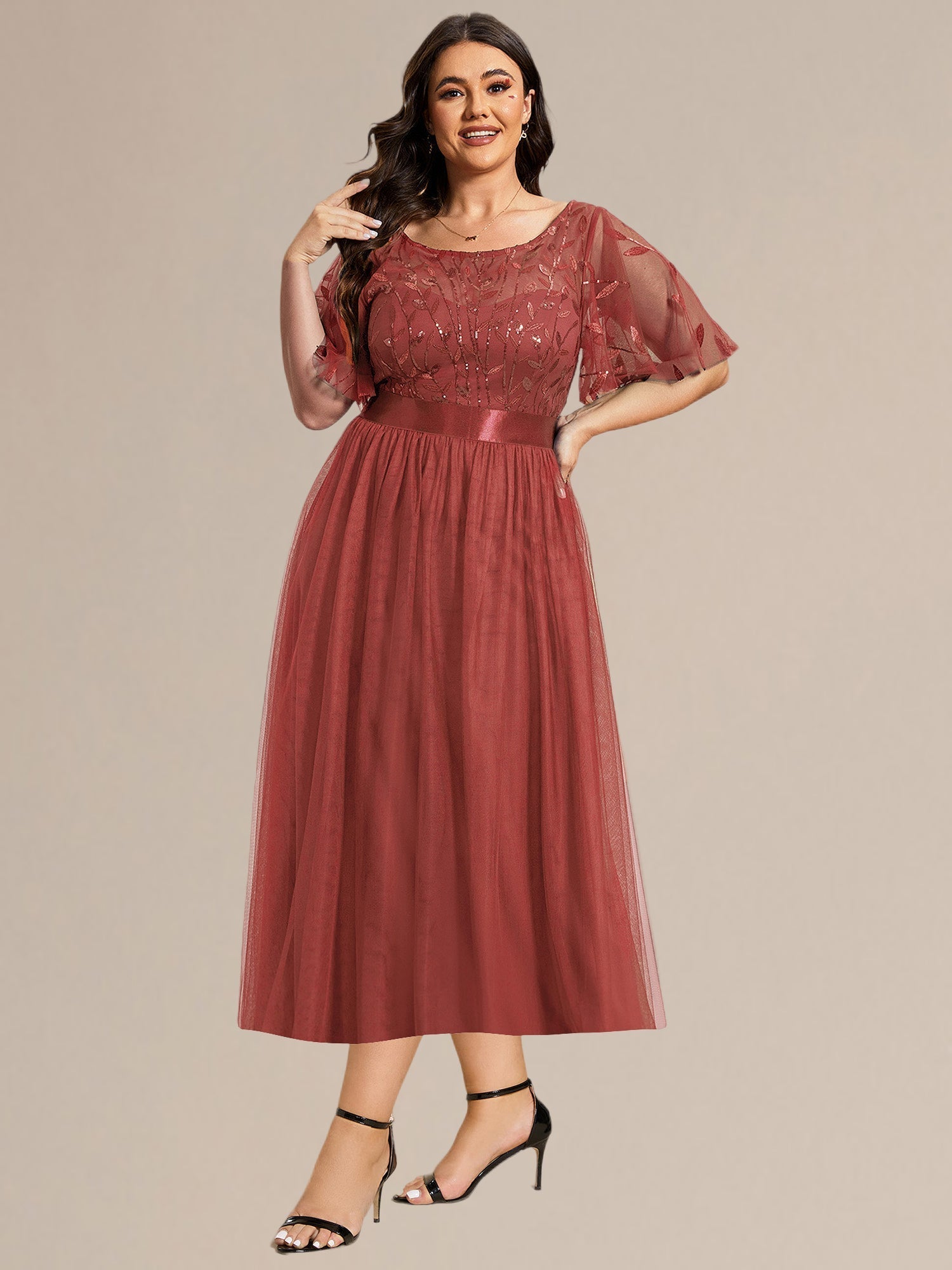 Robe d'invité de mariage trapèze en mousseline fluide à encolure ronde et longueur au genou #Couleur_Burnt Orange