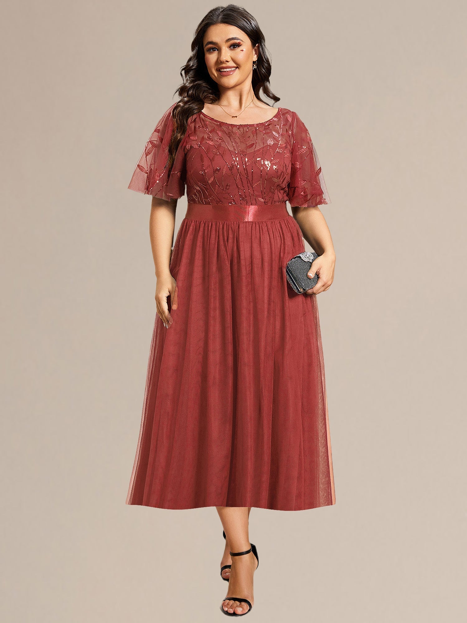 Robe d'invité de mariage trapèze en mousseline fluide à encolure ronde et longueur au genou #Couleur_Burnt Orange