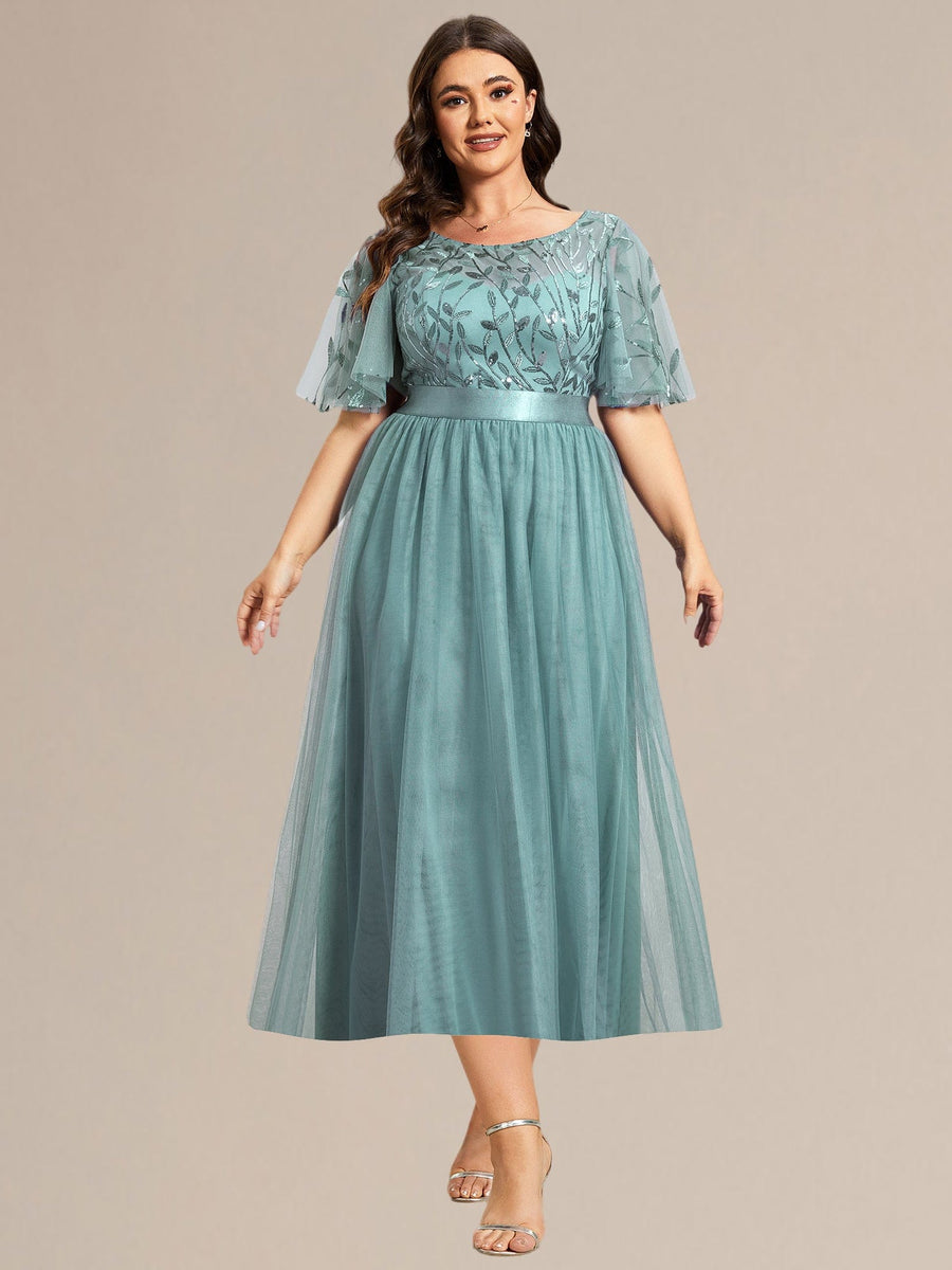 Robe d'invitée de mariage mi-longue à paillettes et feuilles #Couleur_Bleu Fume