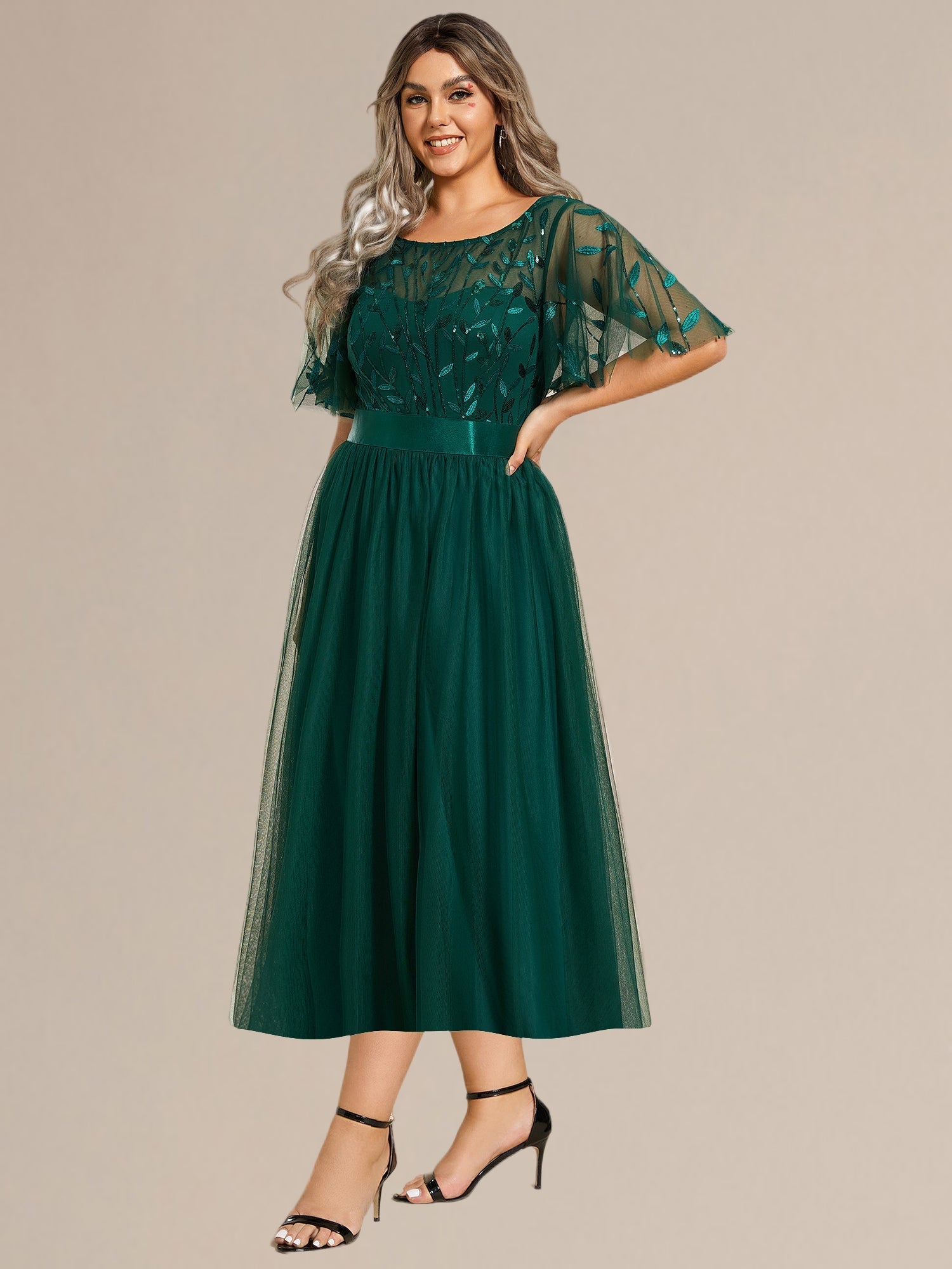 Robe d'invité de mariage trapèze en mousseline fluide à encolure ronde et longueur au genou #Couleur_Vert Fonce