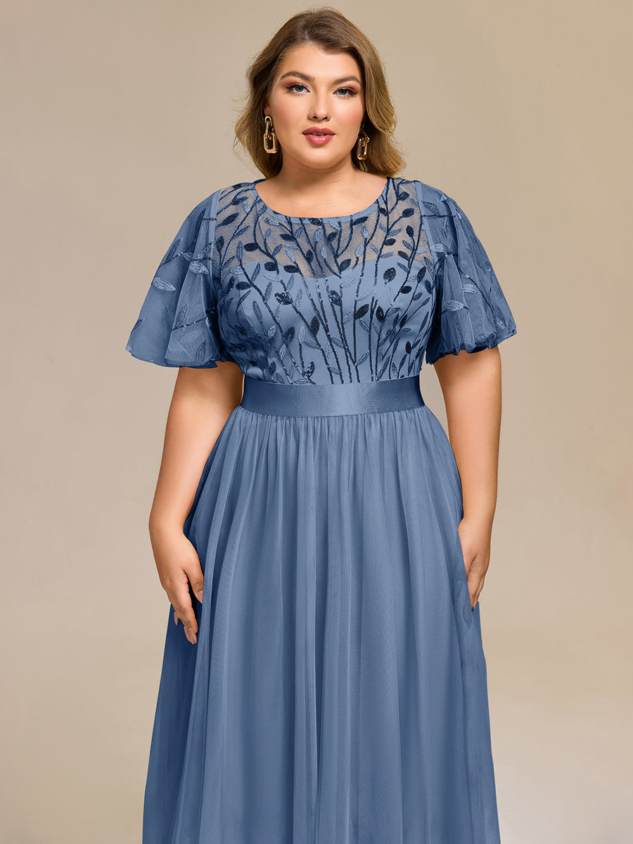 Robe d'invité de mariage trapèze en mousseline fluide à encolure ronde et longueur au genou #Couleur_Marine Fume